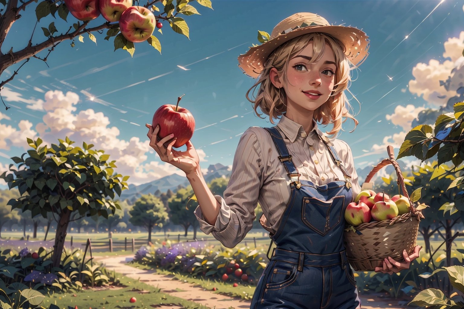 (4k), (masterpiece), (best quality),(extremely intricate), (realistic), (sharp focus), (award winning), (cinematic lighting), (extremely detailed), 

A young girl farmer with a basket full of ripe apples, standing in a lush orchard. She is wearing a straw hat and overalls, and she has a smile on her face. She is holding an apple in one hand and reaching for another with the other.

,DonMl1ghtning,violet evergarden,EpicSky
