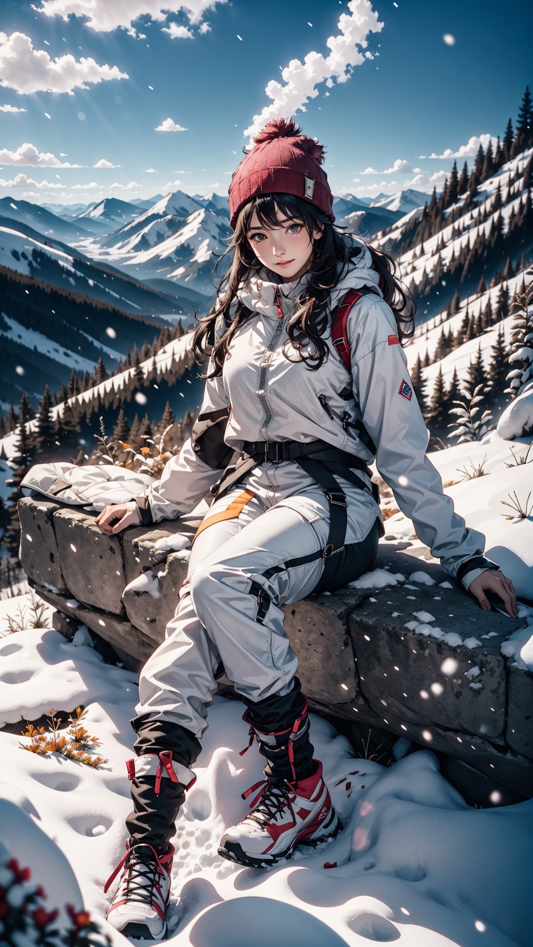 (4k), (masterpiece), (best quality),(extremely intricate), (realistic), (sharp focus), (cinematic lighting), (extremely detailed),

A young adult girl with long dark hair.
The girl has a look of pure contentment on her face. 
She is happy and relaxed, and she is enjoying her time.

A meadow on a snow covered mountaintop overlooking a breathtaking valley. The sky is clear blue, and the air is fresh and crisp. The young woman is watching the clouds drift by. She feels at peace with the world, and she is grateful for the beauty that surrounds her. 

She is wearing a pair of yoga pants and a loose-fitting top,
a pair of hiking boots and a beanie.

,flower4rmor
,cloud,neotech,blurry_light_background,DonM4lbum1n,DonMChr0m4t3rr4 