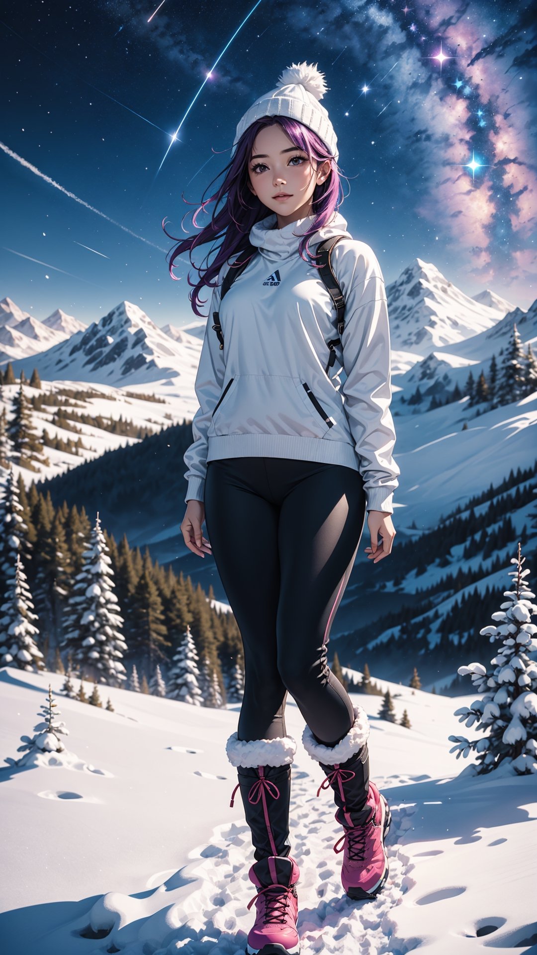 (4k), (masterpiece), (best quality),(extremely intricate), (realistic), (sharp focus), (cinematic lighting), (extremely detailed)

A young adult girl with long cosmic purple hair.
The girl has a look of pure contentment on her face. 
She is happy and relaxed, and she is enjoying her time.

A meadow on a snow covered mountaintop overlooking a breathtaking valley. The sky is clear blue, and the air is fresh and crisp. The young woman is watching the clouds drift by. She feels at peace with the world, and she is grateful for the beauty that surrounds her. 

She is wearing a pair of yoga pants and a loose-fitting top,
a pair of hiking boots and a beanie.

A secluded mountaintop vantage point, offering a breathtaking panorama of the star-studded sky and the Milky Way's ethereal beauty.

,flower4rmor
,cloud,neotech,blurry_light_background,DonM4lbum1n,DonMChr0m4t3rr4 