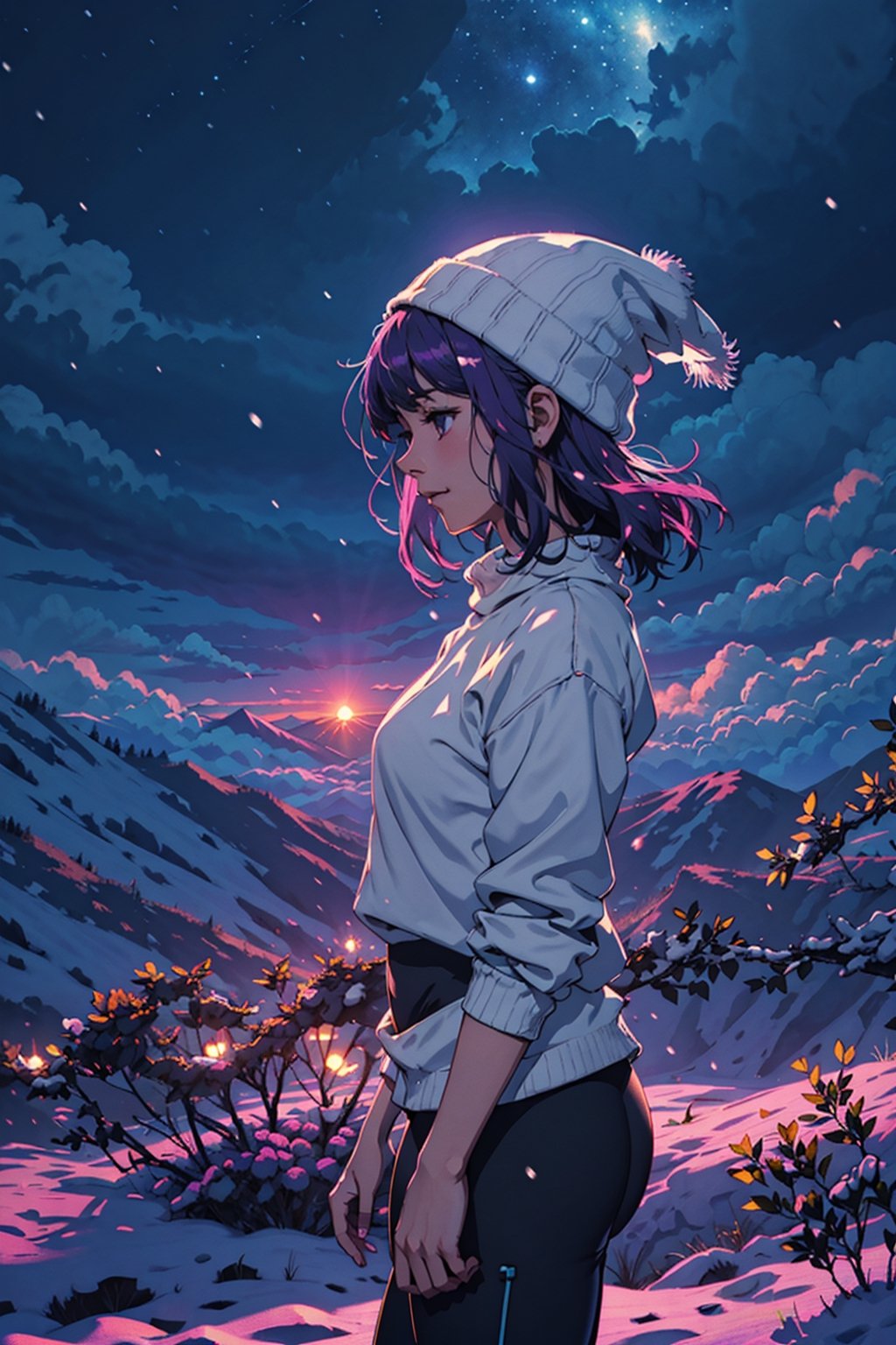 (4k), (masterpiece), (best quality),(extremely intricate), (realistic), (sharp focus), (cinematic lighting), (extremely detailed),

A young adult girl with long cosmic purple hair.
The girl has a look of pure contentment on her face. 
She is happy and relaxed, and she is enjoying her time.

A meadow on a snow covered mountaintop overlooking a breathtaking valley. The sky is clear blue, and the air is fresh and crisp. The young woman is watching the clouds drift by. She feels at peace with the world, and she is grateful for the beauty that surrounds her. 

She is wearing a pair of yoga pants and a loose-fitting top,
a pair of hiking boots and a beanie.

,flower4rmor
,cloud,neotech,blurry_light_background,DonM4lbum1n,DonMChr0m4t3rr4 ,Detailedface,Pixel art,photorealistic,ghibli style,girl,midjourney,sunset_scenery_background,	 SILHOUETTE LIGHT PARTICLES,fantasy00d