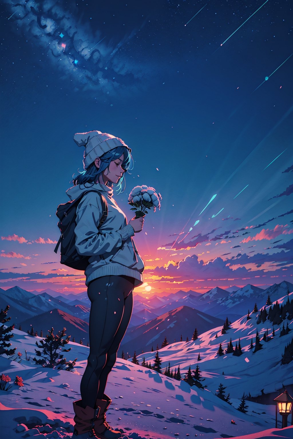 (4k), (masterpiece), (best quality),(extremely intricate), (realistic), (sharp focus), (cinematic lighting), (extremely detailed),

A young adult girl with long cerulean blue hair.
The girl has a look of pure contentment on her face. 
She is happy and relaxed, and she is enjoying her time.

A meadow on a snow covered mountaintop overlooking a breathtaking valley. The sky is clear blue, and the air is fresh and crisp. The young woman is watching the clouds drift by. She feels at peace with the world, and she is grateful for the beauty that surrounds her. 

She is wearing a pair of yoga pants and a loose-fitting top,
a pair of hiking boots and a beanie.

,flower4rmor
,cloud,neotech,blurry_light_background,DonM4lbum1n,DonMChr0m4t3rr4 ,Detailedface,Pixel art,photorealistic,ghibli style,girl,midjourney,sunset_scenery_background,	 SILHOUETTE LIGHT PARTICLES,fantasy00d
