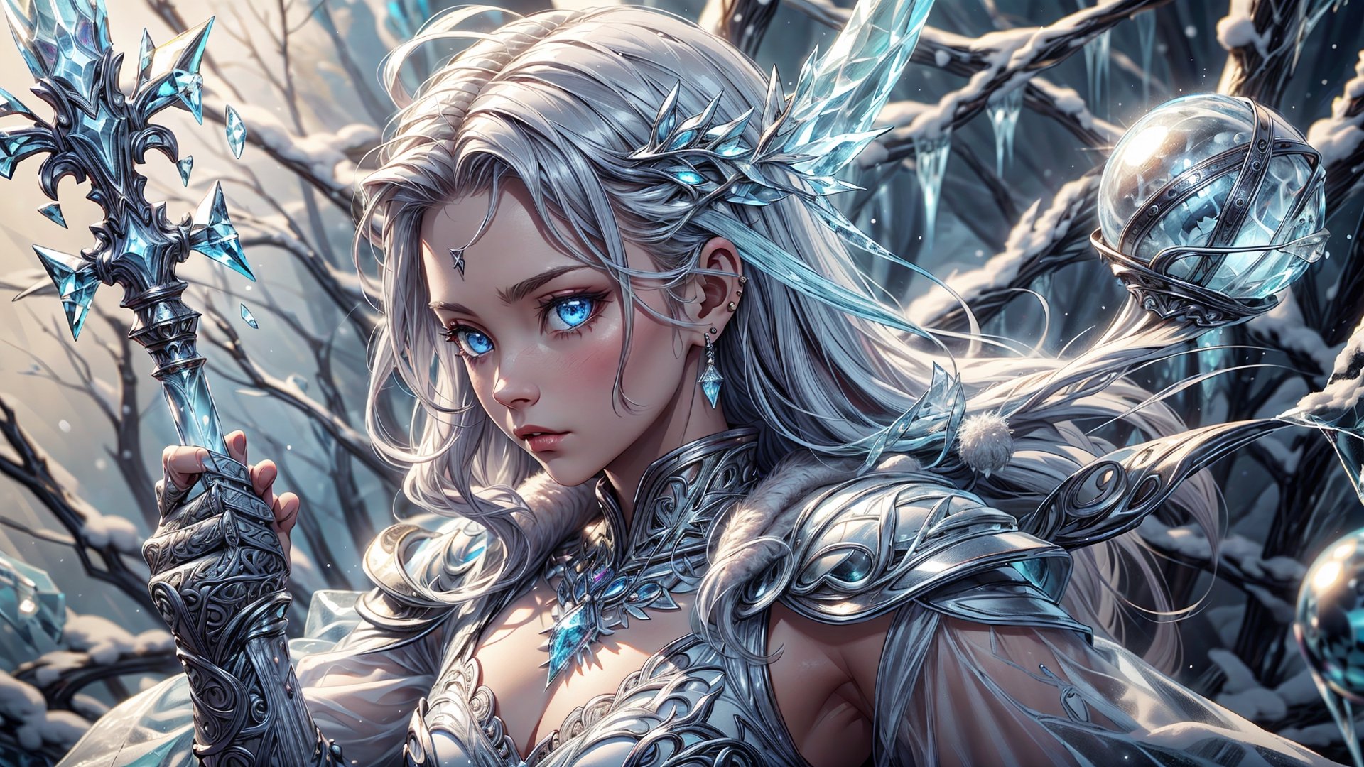 (4k), (masterpiece), (best quality),(extremely intricate), (realistic), (sharp focus), (cinematic lighting), (extremely detailed), 

A painting of a young girl frost warrior in a winter wonderland. She has long white hair and piercing blue eyes. She is wearing a suit of armor made of ice and snow, and she wields a staff of frost in her hand. The staff is topped with a glowing orb of ice, and it emits a powerful aura of cold. The girl's eyes are filled with determination, and she is ready to face any challenge.

,ic34rmor,frostracetech,chrometech ,metallic 