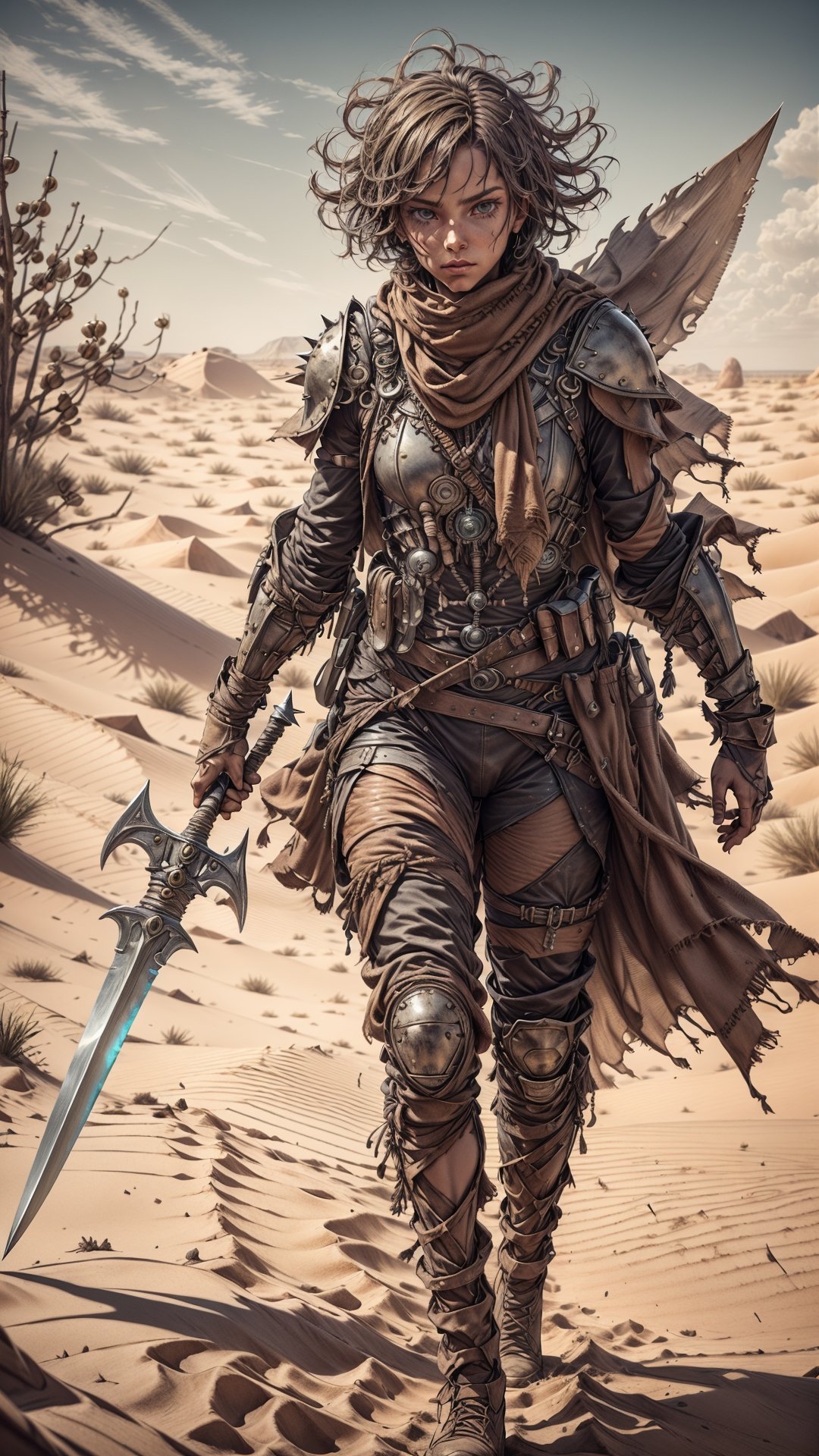 (4k), (masterpiece), (best quality),(extremely intricate), (realistic), (sharp focus), (cinematic lighting), (extremely detailed), 

A young girl dune warrior named Zora stands tall on a dune, her eyes scanning the horizon for danger. She is wearing a weathered leather armor and a scarf to protect her from the sand and wind. In her hands, she wields a spear and a dagger. Zora is ready to face any challenge that comes her way.

,davincitech,Des3rt4rmor
