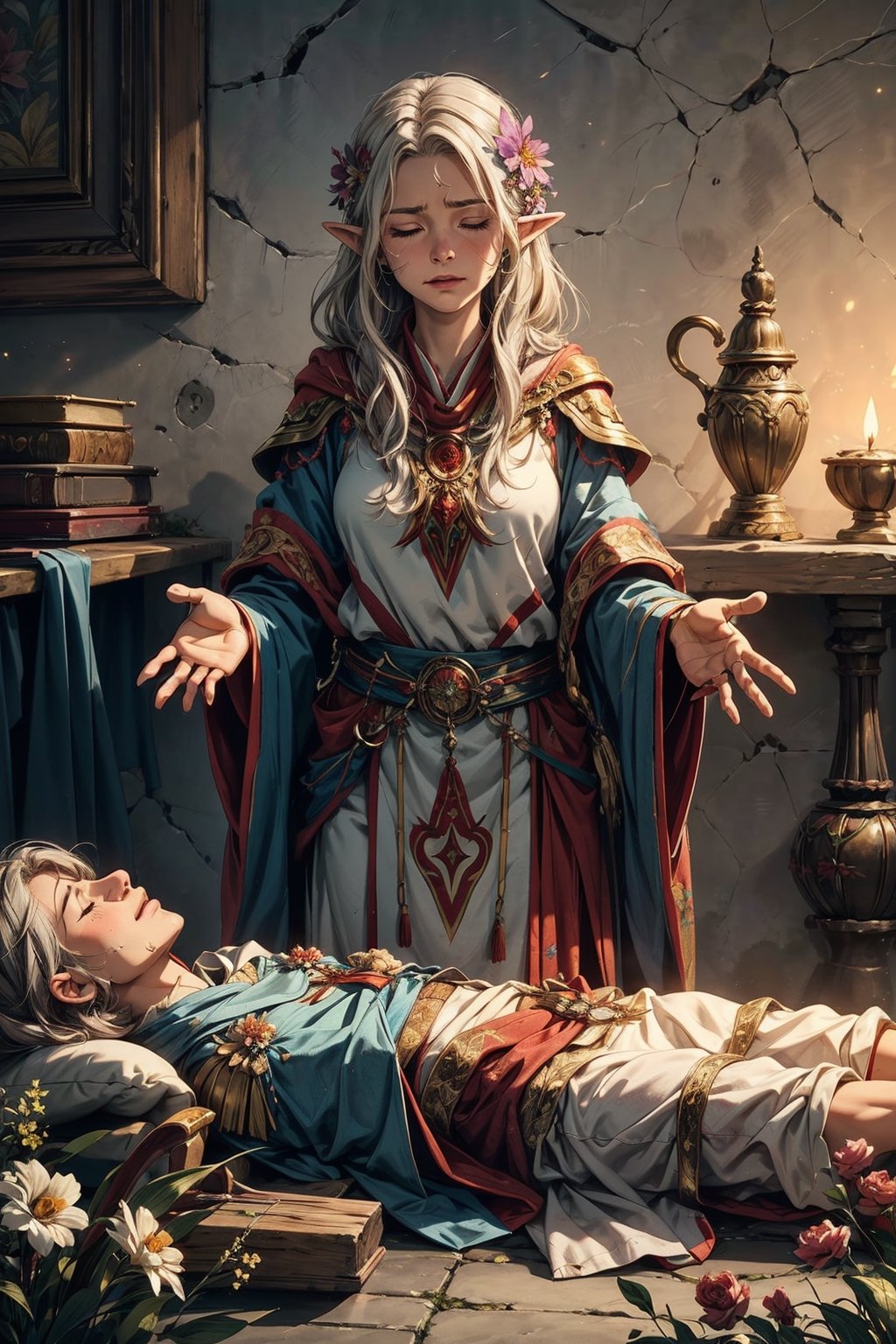 (masterpiece, best quality, ultra-detailed, 8K), full body,

An elven priestess channels divine energy through her outstretched hands, her eyes closed in concentration as she heals a wounded warrior. The warrior lies on a makeshift stretcher, his face etched with pain, but a glimmer of hope flickers in his eyes as he feels the priestess's healing touch.

,flower4rmor, flower space armor, flower elven robes,midjourney