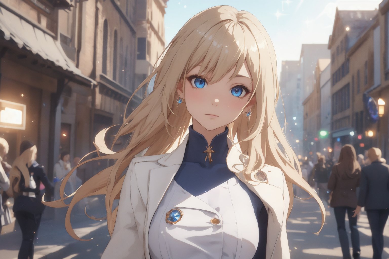 Alicia ,1girl, Solo, Blond Hair, long wavy hairstyle, blue eyes , earring, brooch, white outer suit, white short skirt, Blue inner Shirt, white dress shoe , Shy Expression. Blushing, stand among people, on the road, capital city as background, ((Best quality)), ((masterpiece)), 3D, HDR (High Dynamic Range),Ray Tracing, NVIDIA RTX, Super-Resolution, Unreal 5,Subsurface scattering, PBR Texturing, Post-processing, Anisotropic Filtering, Depth-of-field, Maximum clarity and sharpness, Multi-layered textures, Albedo and Specular maps, Surface shading, Accurate simulation of light-material interaction, Perfect proportions, Octane Render, Two-tone lighting, Wide aperture, Low ISO, White balance, Rule of thirds,8K RAW, Aura, masterpiece, best quality, Mysterious expression, magical effects like sparkles or energy, flowing robes or enchanting attire, mechanic creatures or mystical background, rim lighting, side lighting, cinematic light, ultra high res, 8k uhd, film grain, best shadow, delicate, RAW, light particles, detailed skin texture, detailed cloth texture, beautiful face, (masterpiece), best quality, expressive eyes, perfect face,nikkeredhood,hair over one eye,marian, shirt,ChopioChaHaeIn,ChaHae-in,jack,battoujutsu,surtr swimsuit,cha hae-in,LeeJoohee,shaft head tilt,ChopioLeeJoohee,Alicia