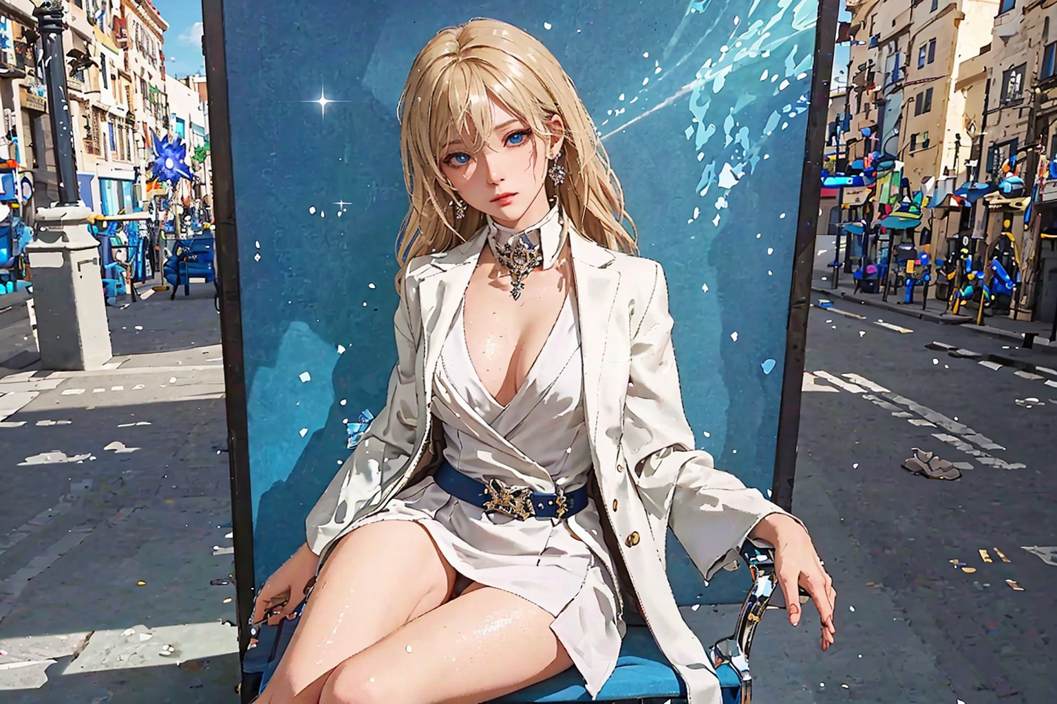 Alicia ,1girl, Solo, Blond Hair, long wavy hairstyle, blue eyes , earring, brooch, white outer suit, white short skirt, Blue inner Shirt, white dress shoe , Shy Expression. Blushing, sitting on the chair at open cafe, on the road, capital city as background, ((Best quality)), ((masterpiece)), 3D, HDR (High Dynamic Range),Ray Tracing, NVIDIA RTX, Super-Resolution, Unreal 5,Subsurface scattering, PBR Texturing, Post-processing, Anisotropic Filtering, Depth-of-field, Maximum clarity and sharpness, Multi-layered textures, Albedo and Specular maps, Surface shading, Accurate simulation of light-material interaction, Perfect proportions, Octane Render, Two-tone lighting, Wide aperture, Low ISO, White balance, Rule of thirds,8K RAW, Aura, masterpiece, best quality, Mysterious expression, magical effects like sparkles or energy, flowing robes or enchanting attire, mechanic creatures or mystical background, rim lighting, side lighting, cinematic light, ultra high res, 8k uhd, film grain, best shadow, delicate, RAW, light particles, detailed skin texture, detailed cloth texture, beautiful face, (masterpiece), best quality, expressive eyes, perfect face,nikkeredhood,hair over one eye,marian, shirt,ChopioChaHaeIn,ChaHae-in,jack,battoujutsu,surtr swimsuit,cha hae-in,LeeJoohee,shaft head tilt,ChopioLeeJoohee,Alicia,yuzuriha