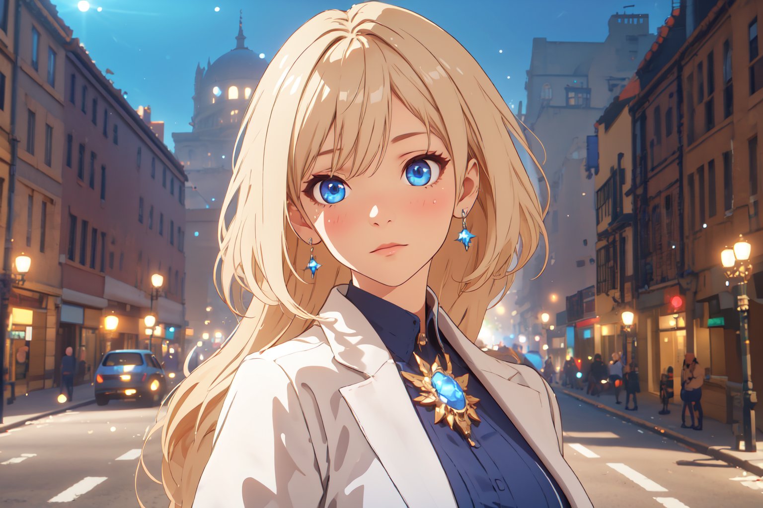 Alicia ,1girl, Solo, Blond Hair, long wavy hairstyle, blue eyes , earring, brooch, white outer suit, white short skirt, Blue inner Shirt, white dress shoe , Shy Expression. Blushing, stand among people, on the road, capital city as background, ((Best quality)), ((masterpiece)), 3D, HDR (High Dynamic Range),Ray Tracing, NVIDIA RTX, Super-Resolution, Unreal 5,Subsurface scattering, PBR Texturing, Post-processing, Anisotropic Filtering, Depth-of-field, Maximum clarity and sharpness, Multi-layered textures, Albedo and Specular maps, Surface shading, Accurate simulation of light-material interaction, Perfect proportions, Octane Render, Two-tone lighting, Wide aperture, Low ISO, White balance, Rule of thirds,8K RAW, Aura, masterpiece, best quality, Mysterious expression, magical effects like sparkles or energy, flowing robes or enchanting attire, mechanic creatures or mystical background, rim lighting, side lighting, cinematic light, ultra high res, 8k uhd, film grain, best shadow, delicate, RAW, light particles, detailed skin texture, detailed cloth texture, beautiful face, (masterpiece), best quality, expressive eyes, perfect face,nikkeredhood,hair over one eye,marian, shirt,ChopioChaHaeIn,ChaHae-in,jack,battoujutsu,surtr swimsuit,cha hae-in,LeeJoohee,shaft head tilt,ChopioLeeJoohee,Alicia