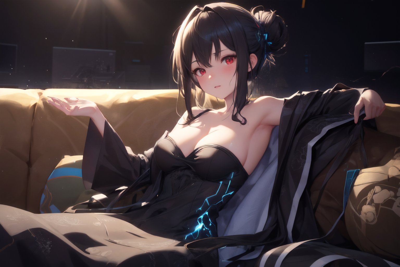  1 Girl , Solo, red eyes, long black hair, tan skin , Gray string dress , hair bun , one piece dress, exposed shoulder, blush Expression. Blushing, on the sofa , evening time, night time, Command Room, Command Center, ((Best quality)), ((masterpiece)), 3D, HDR (High Dynamic Range),Ray Tracing, NVIDIA RTX, Super-Resolution, Unreal 5,Subsurface scattering, PBR Texturing, Post-processing, Anisotropic Filtering, Depth-of-field, Maximum clarity and sharpness, Multi-layered textures, Albedo and Specular maps, Surface shading, Accurate simulation of light-material interaction, Perfect proportions, Octane Render, Two-tone lighting, Wide aperture, Low ISO, White balance, Rule of thirds,8K RAW, Aura, masterpiece, best quality, Mysterious expression, magical effects like sparkles or energy, flowing robes or enchanting attire, mechanic creatures or mystical background, rim lighting, side lighting, cinematic light, ultra high res, 8k uhd, film grain, best shadow, delicate, RAW, light particles, detailed skin texture, detailed cloth texture, beautiful face, (masterpiece), best quality, expressive eyes, perfect face