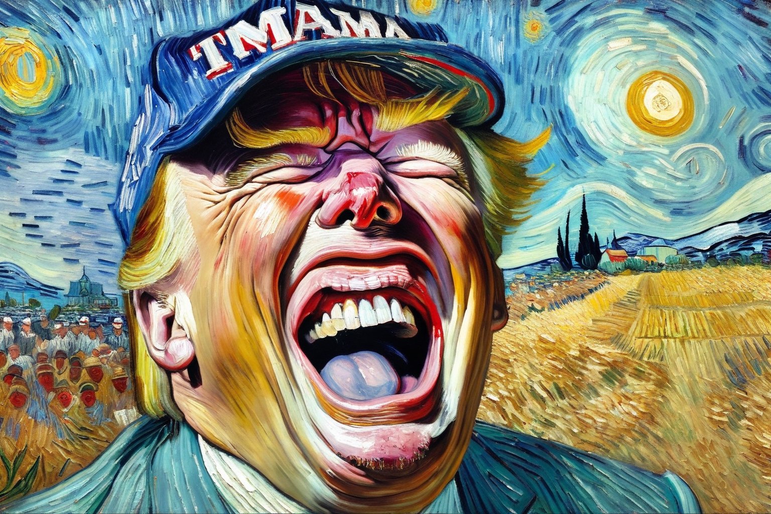 v0ng44g, p0rtr14t, a painting Close up of Donald Trump laughing with his mouth open, wearing MAGA baseball cap, by van Gogh