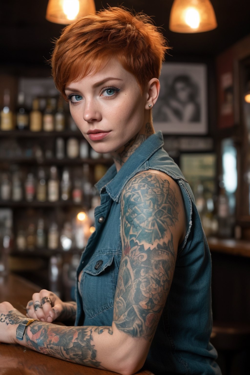 Professional, focus, 50mm photograph,8k, highly detailed, studio quality, DSLR photo, sharp, ginger pixie cut, flannel shirt and torn jeans, tattooed arms, dark aquamarine eyes, leaning back against a bar at the local tavern 