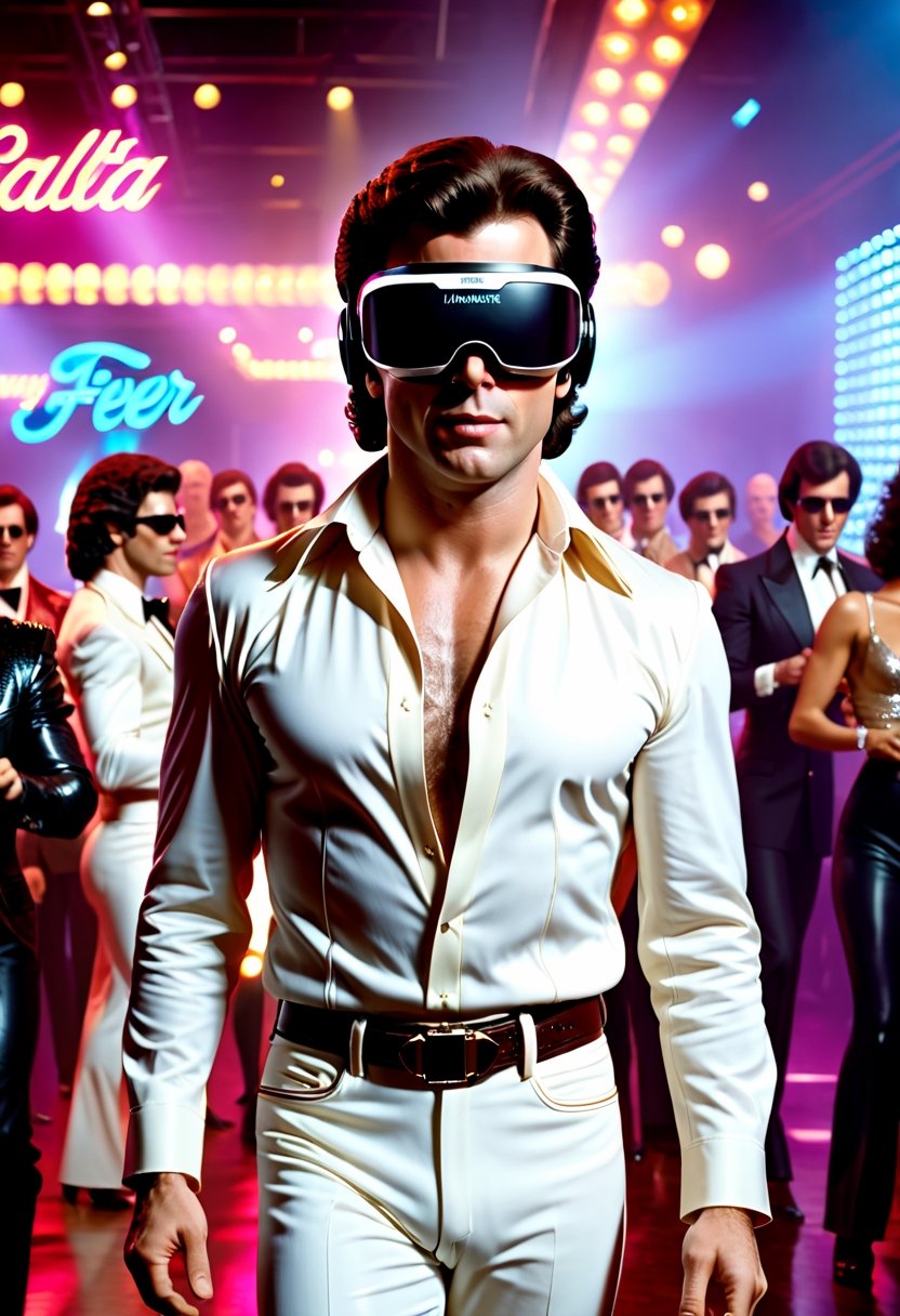 Cinematic Film Still of young  John Travolta as Tony Manero from Saturday Night Fever, disco dancing, cyberpunk 2077, wearing VR headset
