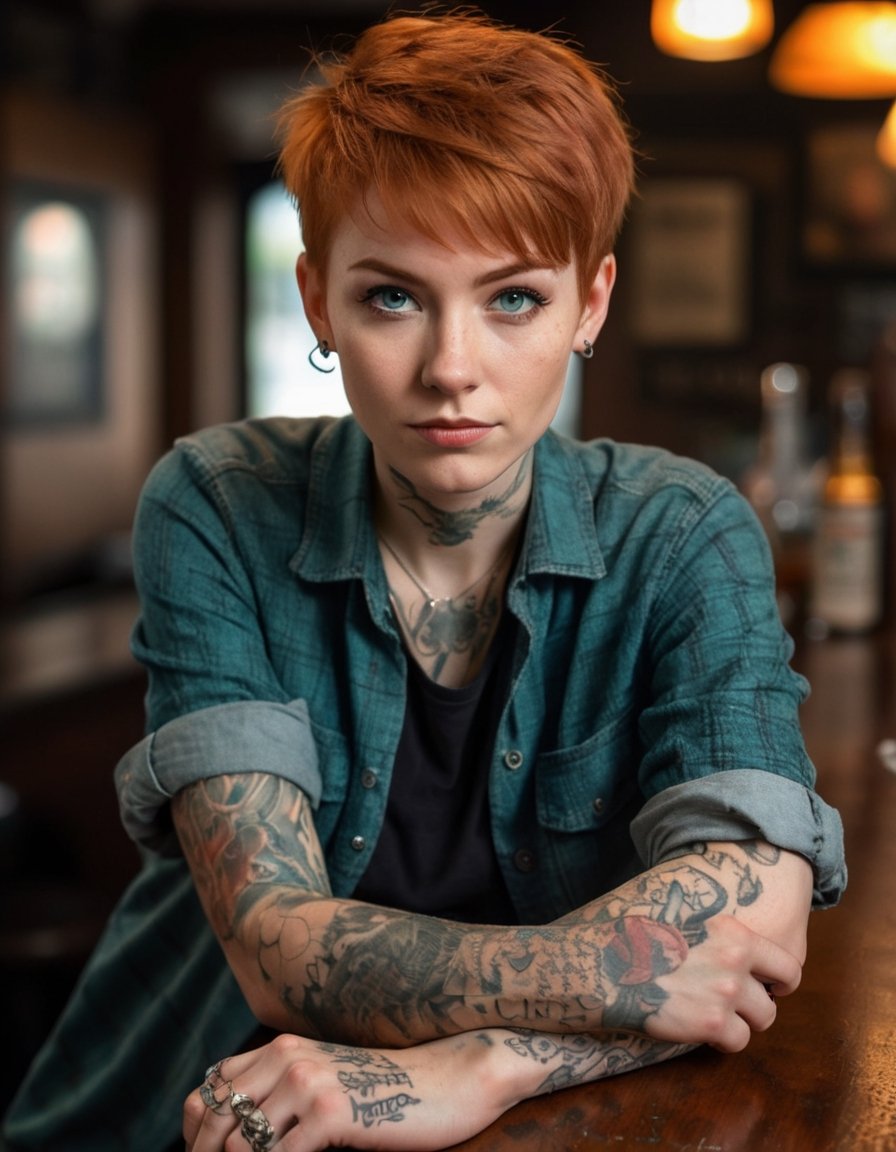 Professional, focus, 50mm photograph,8k, highly detailed, studio quality, DSLR photo, sharp, ginger pixie cut, flannel shirt and torn jeans, tattooed arms, dark aquamarine eyes, leaning back against a bar at the local tavern 