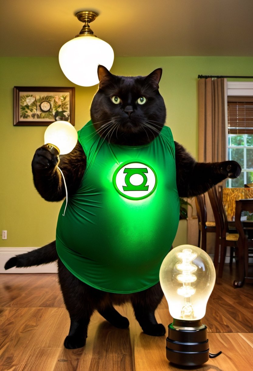 Photo of obese cat dress as the Green Lantern changing the lightbulb in the dining room