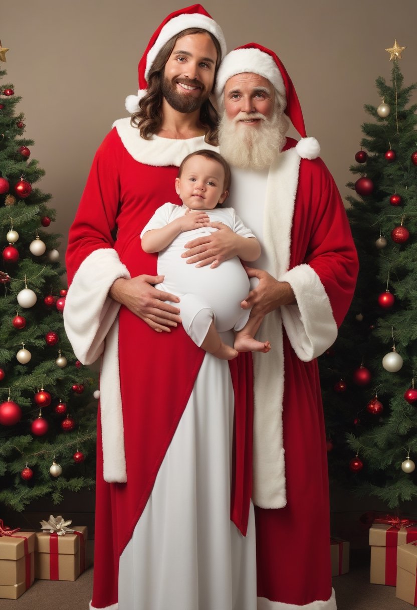 Photo of pregnant Jesus posing for a photo with Santa