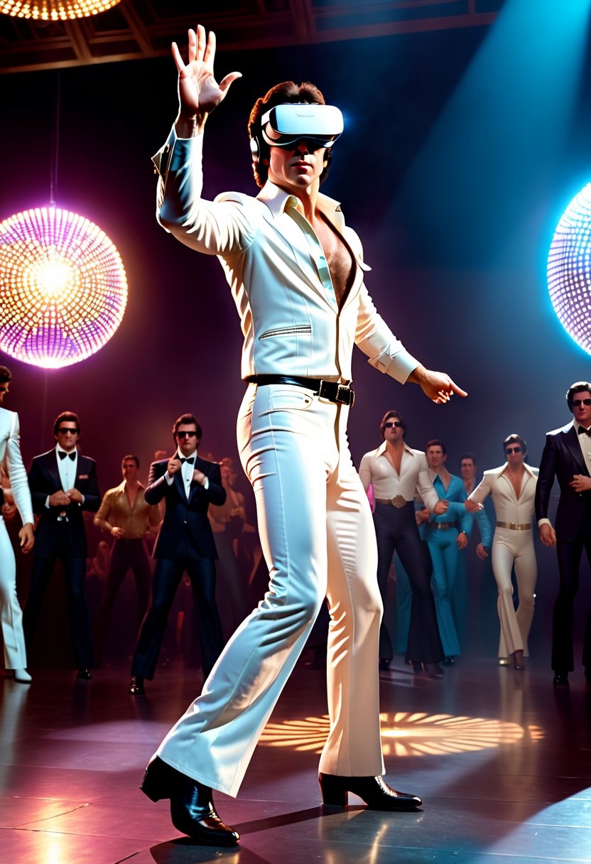 Cinematic Film Still, full body shot of young  John Travolta, wearing VR headset, as Tony Manero from Saturday Night Fever, disco dancing, hand pointing upward, cyberpunk 2077, 
