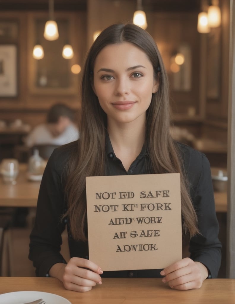 award winning photo, beautiful woman at a restaurant, holding a sign that says "NOT SAFE FORK WORK"