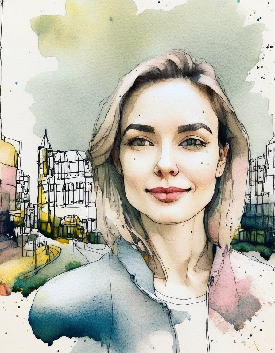 Portrait of a beautiful Canadian woman. watercolor sketch, archdrafting, drafting of building, downtown Toronto, pastel colors, straight lines, geometric shapes