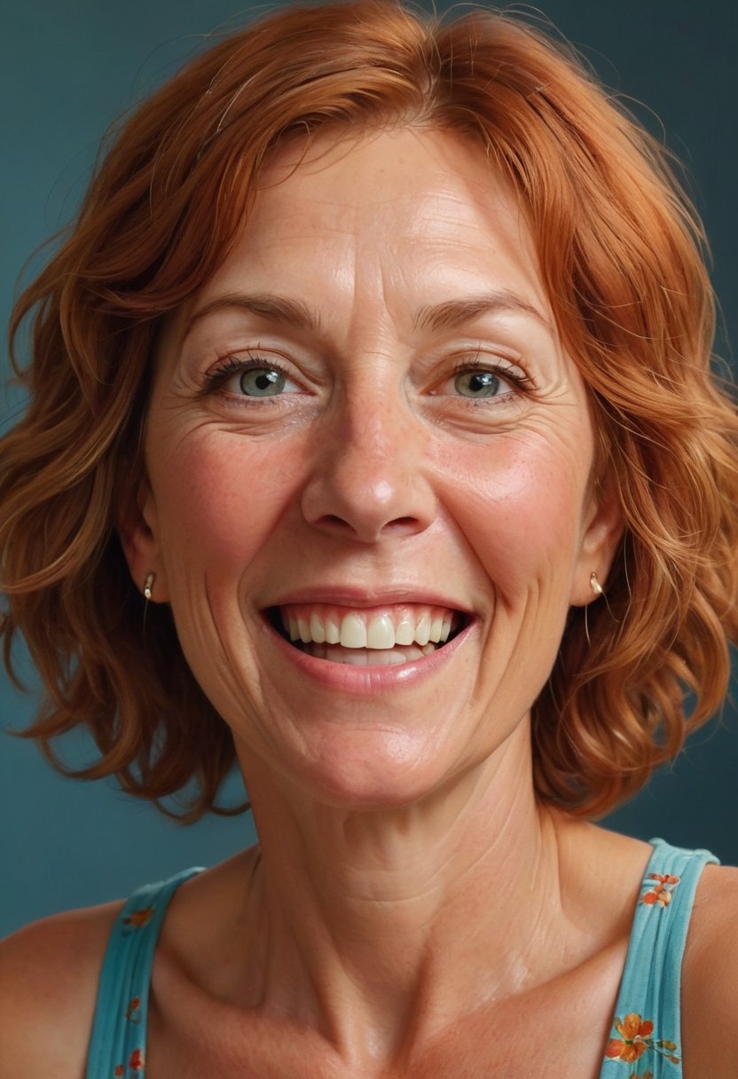 (Medium-wide shot) {Middle-aged female}, wavy red bob, light olive skin, sea-blue eyes, (copper eyeshadow), wearing (sundress with a floral pattern), joyful laugh.
,PORTRAIT PHOTO,
iridescent Eyes, (blush, eye_wrinkles:0.6), (goosebumps:0.5), subsurface scattering, ((skin pores)), detailed skin texture, textured skin, realistic dull skin noise, visible skin detail, skin fuzz, dry skin, hyperdetailed face, sharp picture, sharp detailed, 
analog grainy photo vintage, Rembrandt lighting, ultra focus, illuminated face, detailed face, 8k resolution, painted, dry brush, brush strokes, Razumov style and garmash style, sharp focus, by pascal blanche Rutkowski repin art station, hyperrealism painting concept art of detailed character design