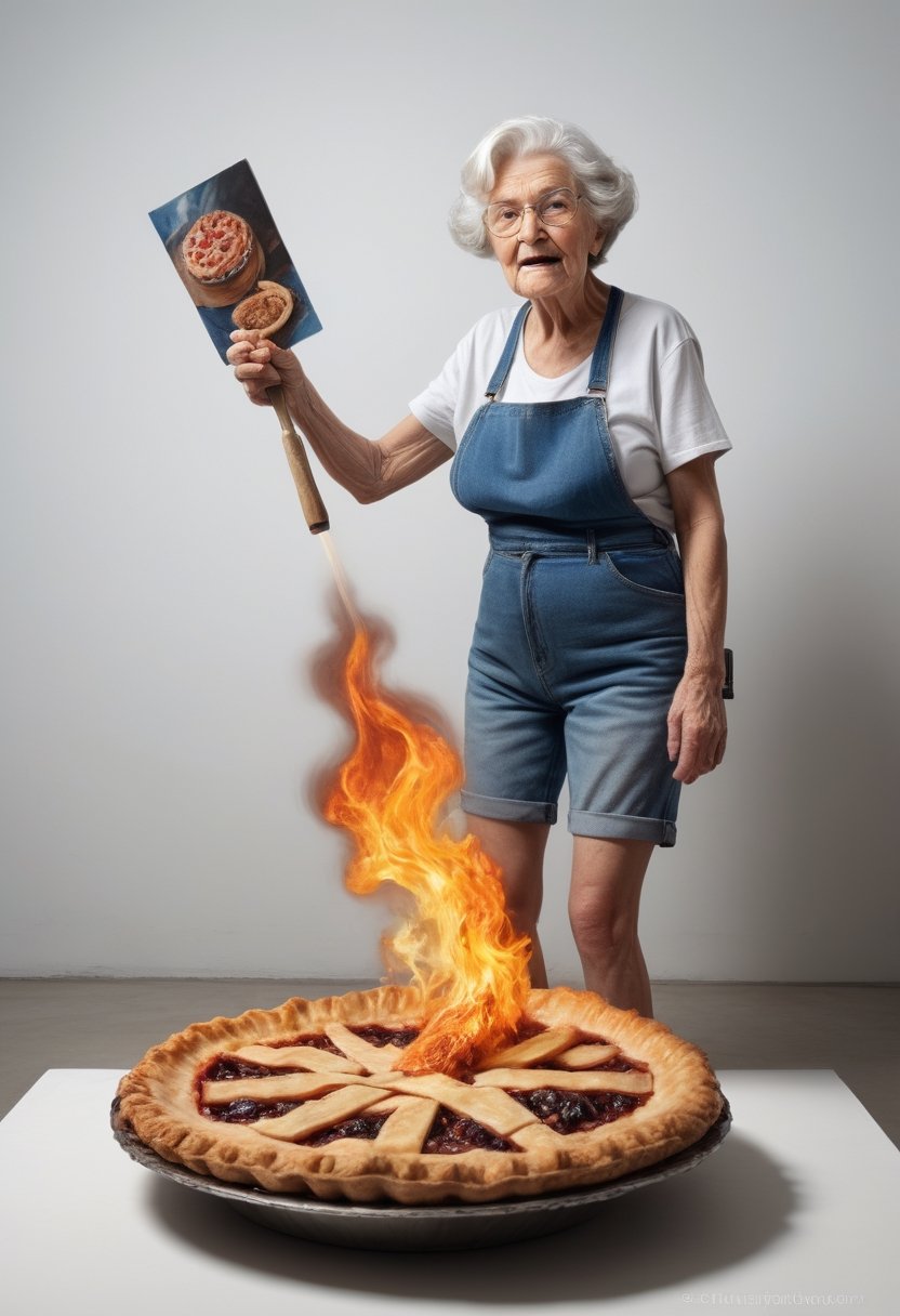 (Hyper-realistic photograph:1.4), Captivating scene Featuring a grandma torching a pie using a flamethrower.  a white wall with cubist paintings in background, wearing jean shorts and a black t-shirt with no text, legs spread, (bare feet:1.4), (perfect slender feet:1.4), blue eyes, photography style, Extremely Realistic, serendipity art, sharp focus, intricate details, highly detailed, by God himself, original shot, more detail XL, aw0k euphoric style, masterpiece,,
