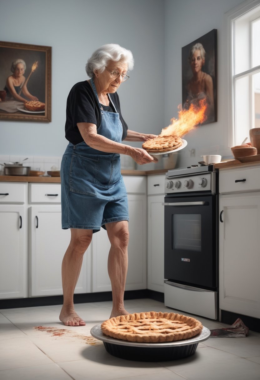 (Hyper-realistic photograph:1.4), Captivating scene Featuring a grandma baking a pie using a flamethrower.  a white wall with cubist paintings in background, wearing jean shorts and a black t-shirt with no text, legs spread, (bare feet:1.4), (perfect slender feet:1.4), blue eyes, photography style, Extremely Realistic, serendipity art, sharp focus, intricate details, highly detailed, by God himself, original shot, more detail XL, aw0k euphoric style, masterpiece,,
