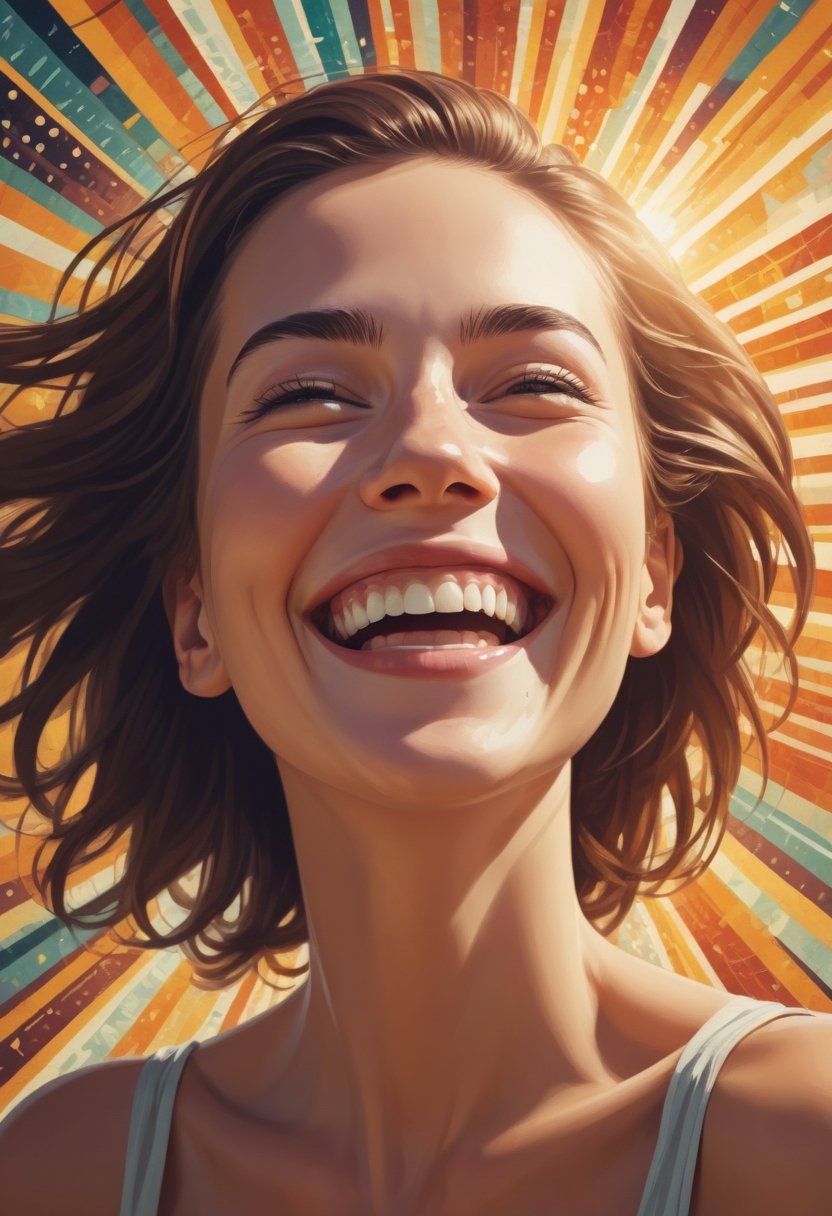 Digital artwork.  A woman smiling joyfully, her face is made of radiating abstract geometric patterns of light 