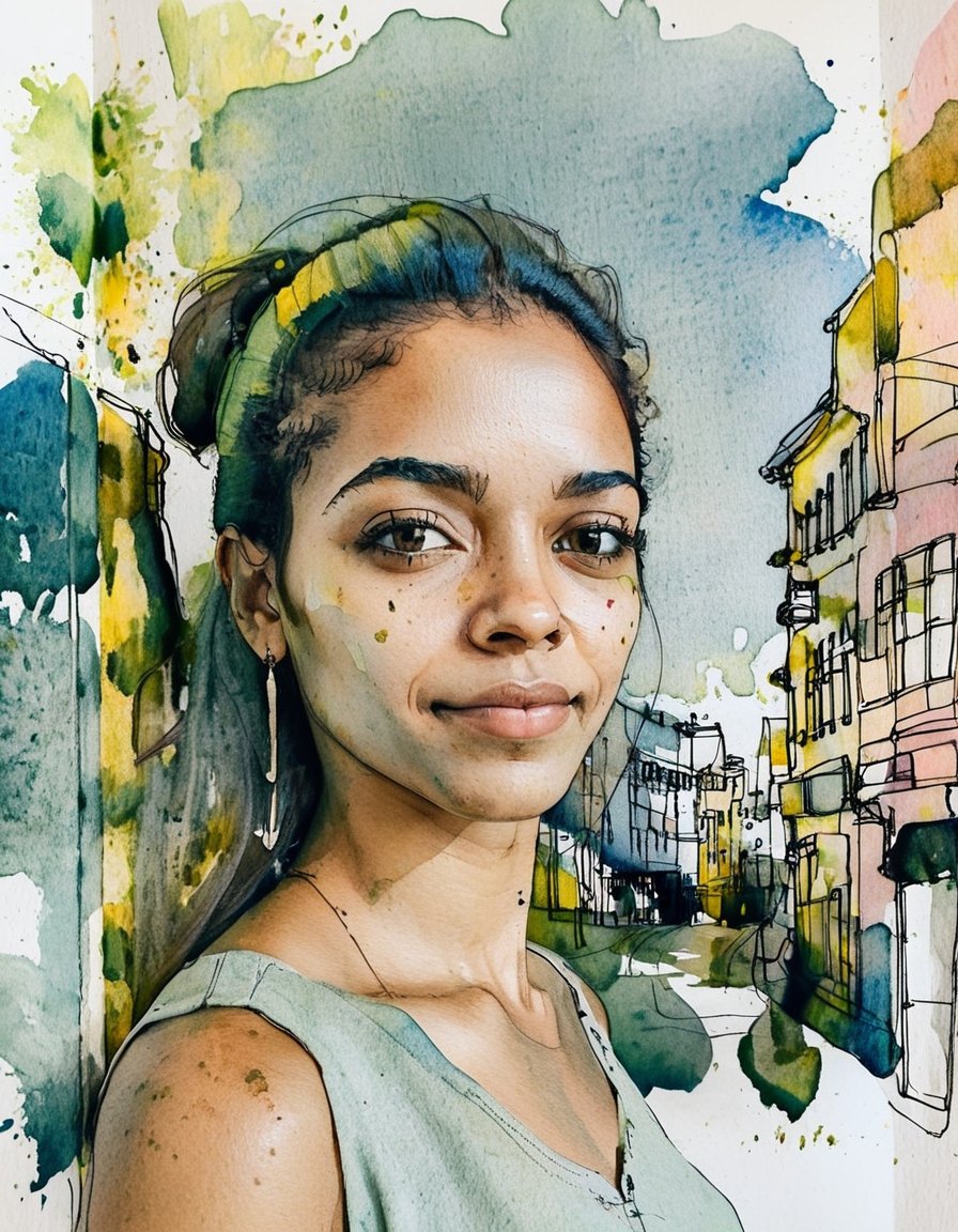 Portrait of a beautiful Brazilian woman. watercolor sketch, archdrafting, drafting of building, downtown Rio de Janeiro, pastel colors, straight lines, geometric shapes