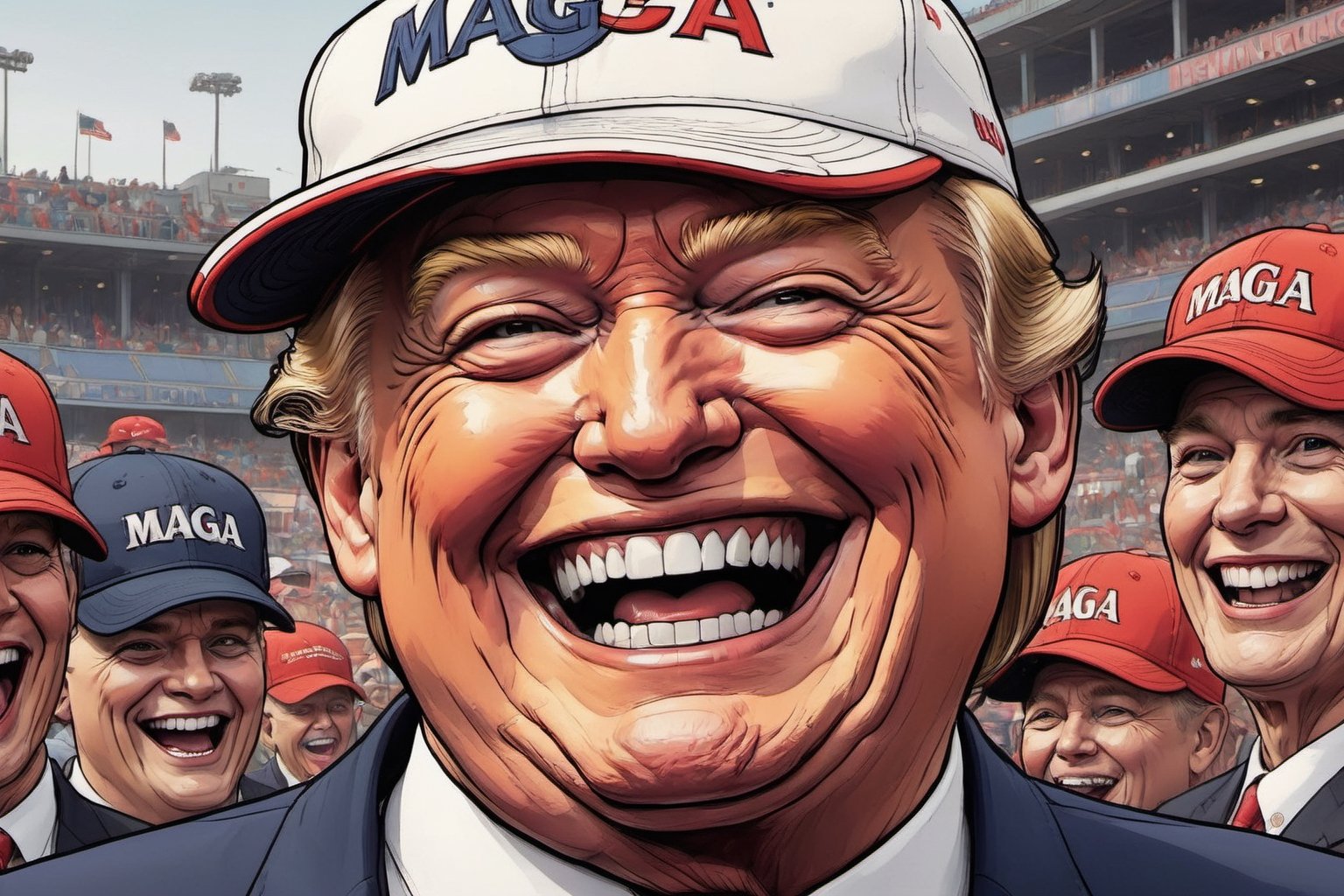 Close up of Donald Trump laughing with his mouth open, wearing MAGA baseball cap