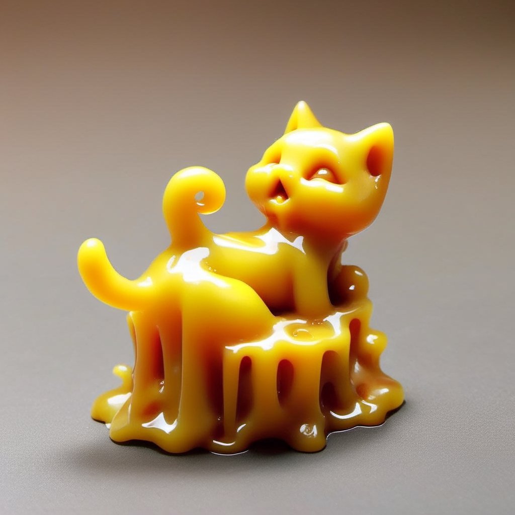 Profile of a melting yellow wax sculpture of a tiny cute chibi kitten, looking up, melting in a pool of wax