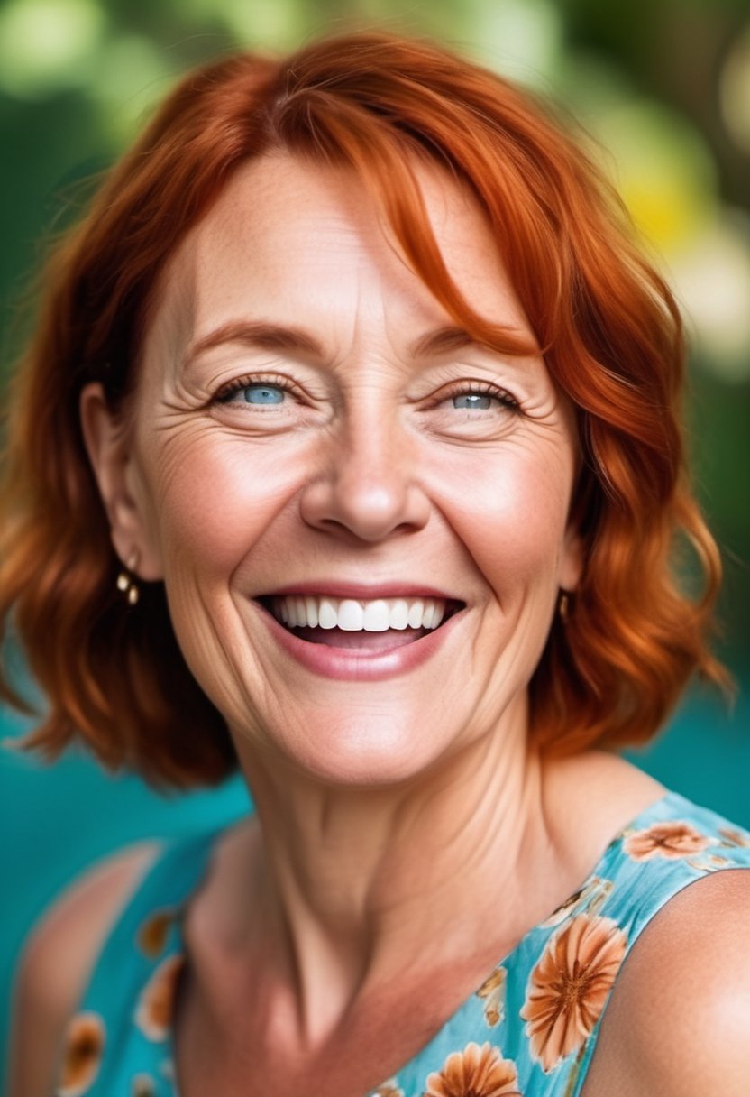 Portrait Photo of Middle-aged woman, wavy red bob, light olive skin, sea-blue eyes, copper eyeshadow, sundress with a floral pattern, joyful laugh