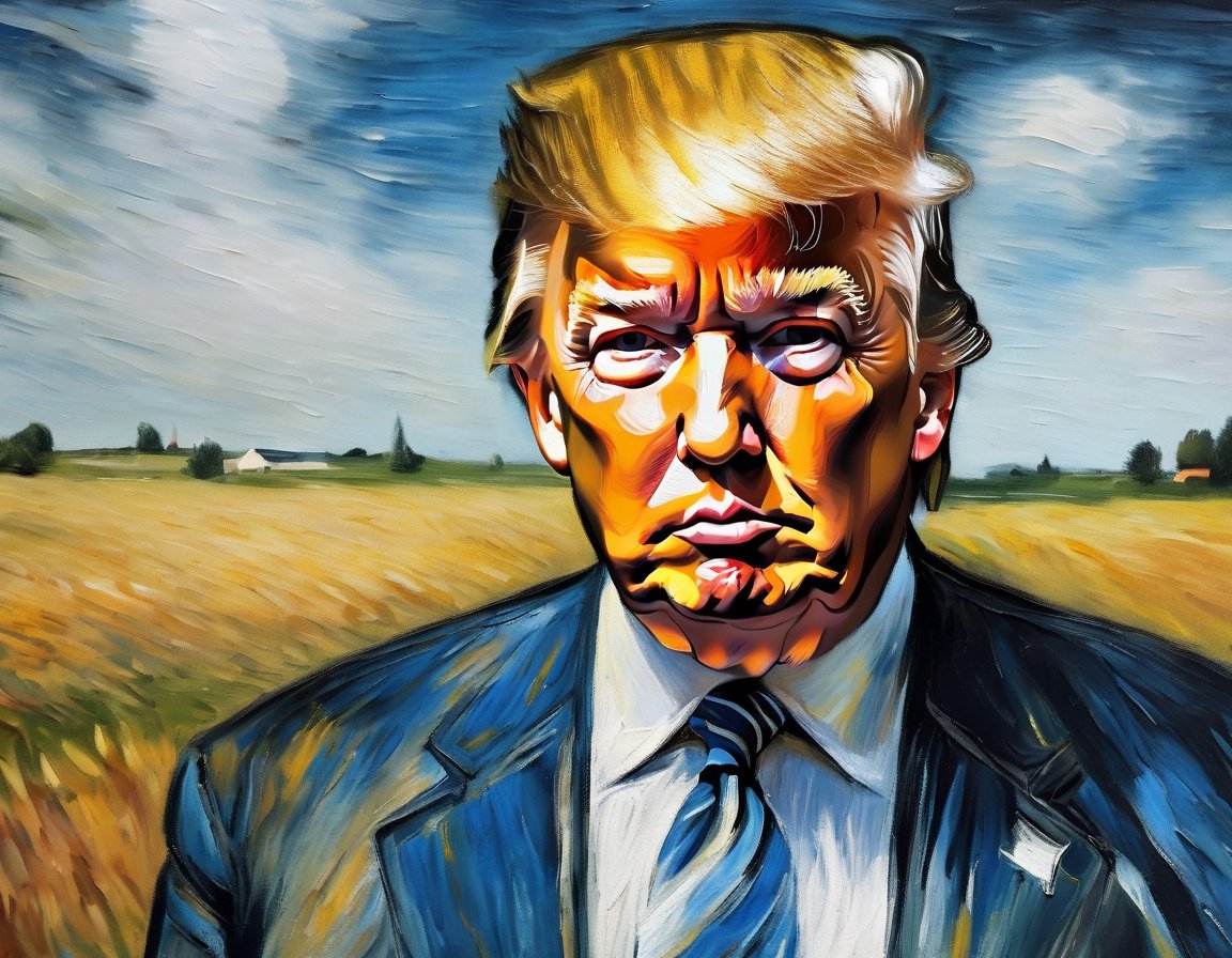 v0ng44g, p0rtr14t, soft blurry oil painting portriat of a close up shot of a (((Donald Trump by van Gogh))), farm field backdrop heavy brush strokes, by van Gogh