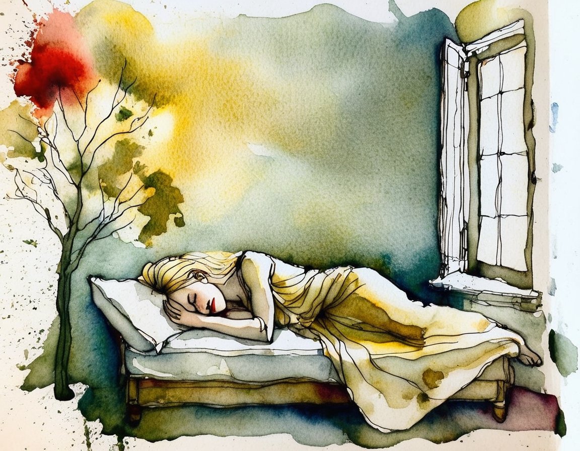 archdrafting, Watercolor draft illustration of patterned illumination casting a tree branch shadow a blonde woman, sleeping peacefully in the morning sunlight. The golden rays stream through a window, casting gentle shadows around her face, accentuating her full red lips and soft features