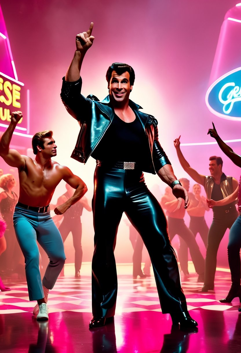 Cinematic Film Still, John Travolta and Olivan Newuton-John from the movie Grease, dancing, hand pointing upward, cyberpunk 2077, 
