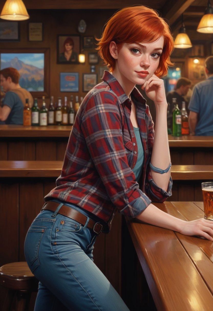 Digital painting of a red-headed girl leaning back against a bar at the local tavern pixie cut, flannel shirt and jeans by and Craig Mullins and Michael Komarck