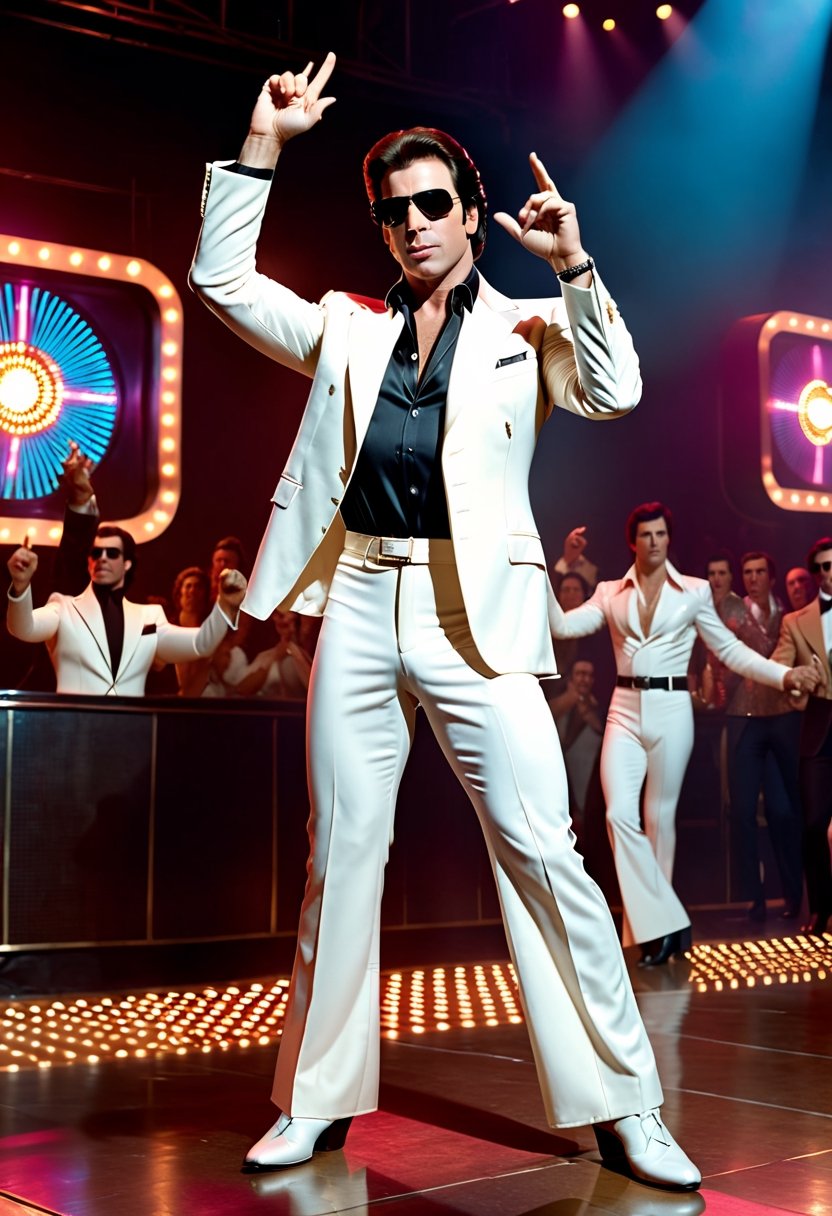 Cinematic Film Still, full body shot of young  John Travolta as Tony Manero from Saturday Night Fever, disco dancing, hand pointing upward, cyberpunk 2077, wearing VR headset
