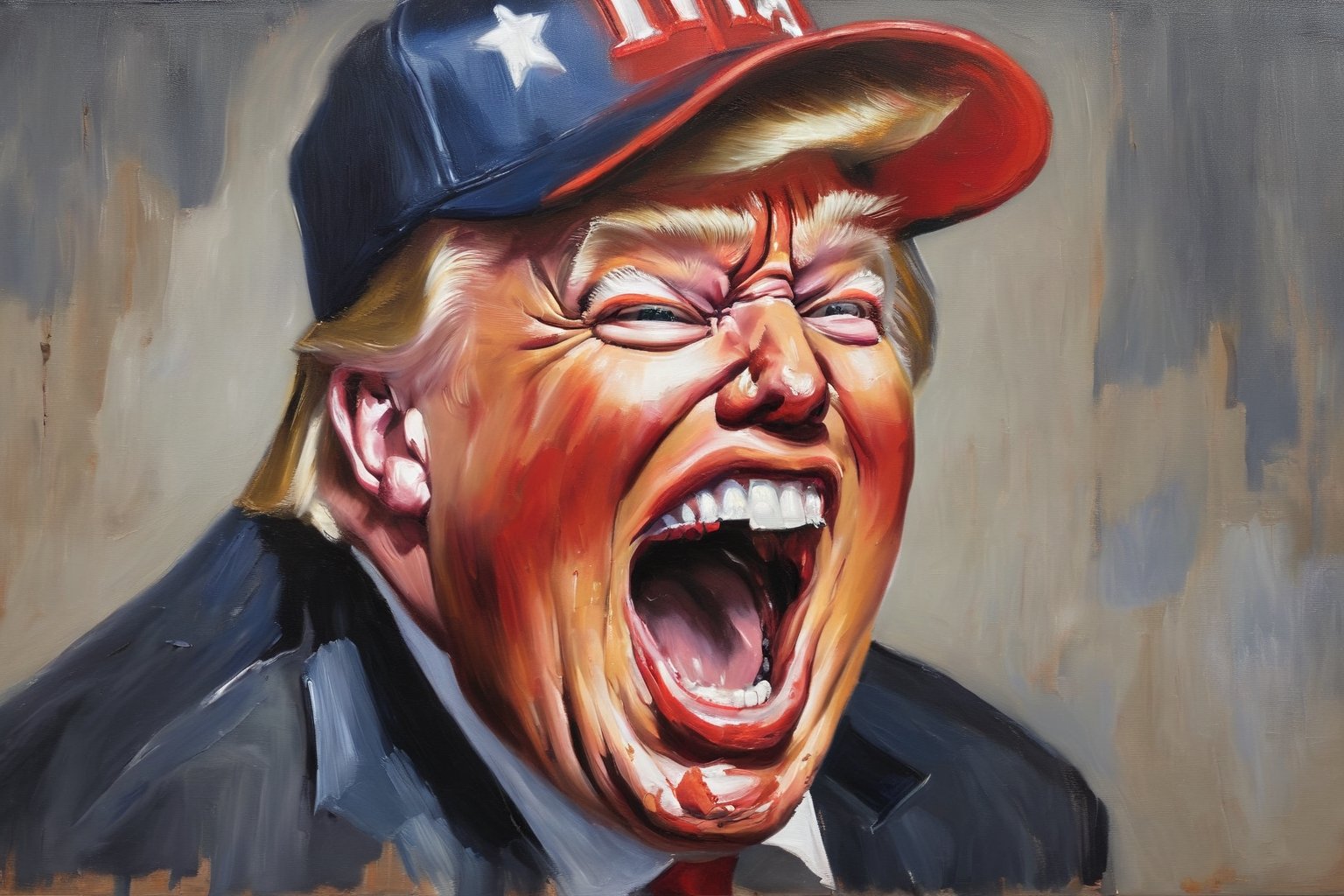 Oil Painting. Portrait of Donald Trump laughing with his mouth open, wearing MAGA baseball cap. v0ng44g p0rtr14t