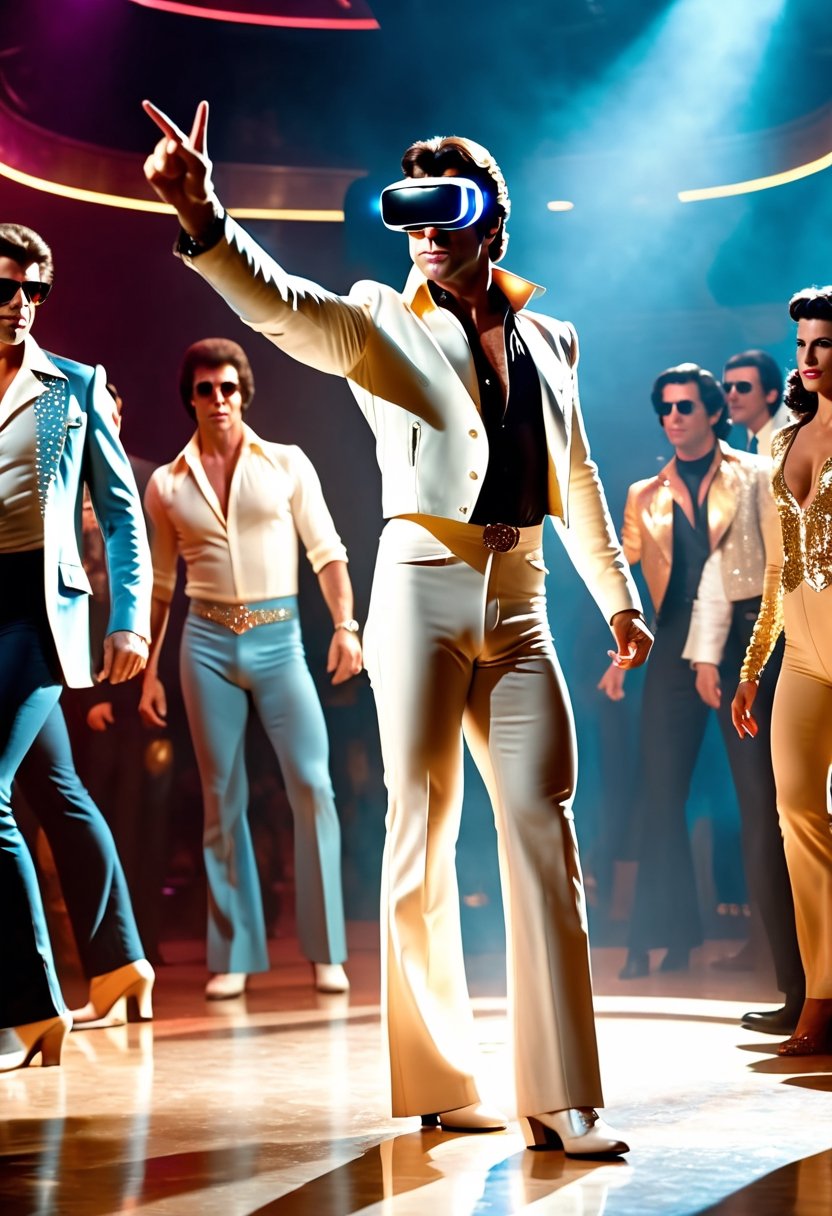 Cinematic Film Still, full body shot of young  John Travolta, wearing VR headset, as Tony Manero from Saturday Night Fever, disco dancing, hand pointing upward, cyberpunk 2077, 
