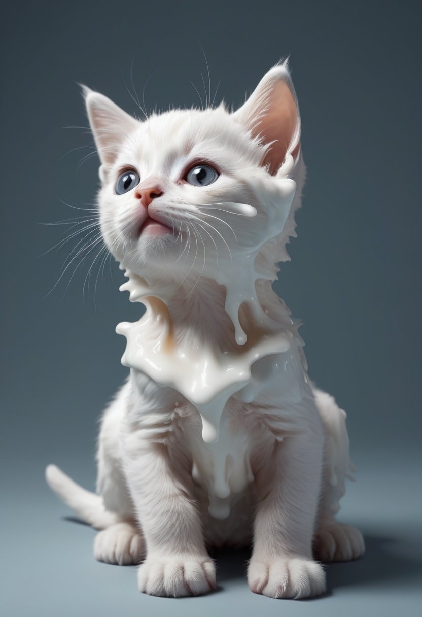 Profile of a kitten made of was, looking up, melting