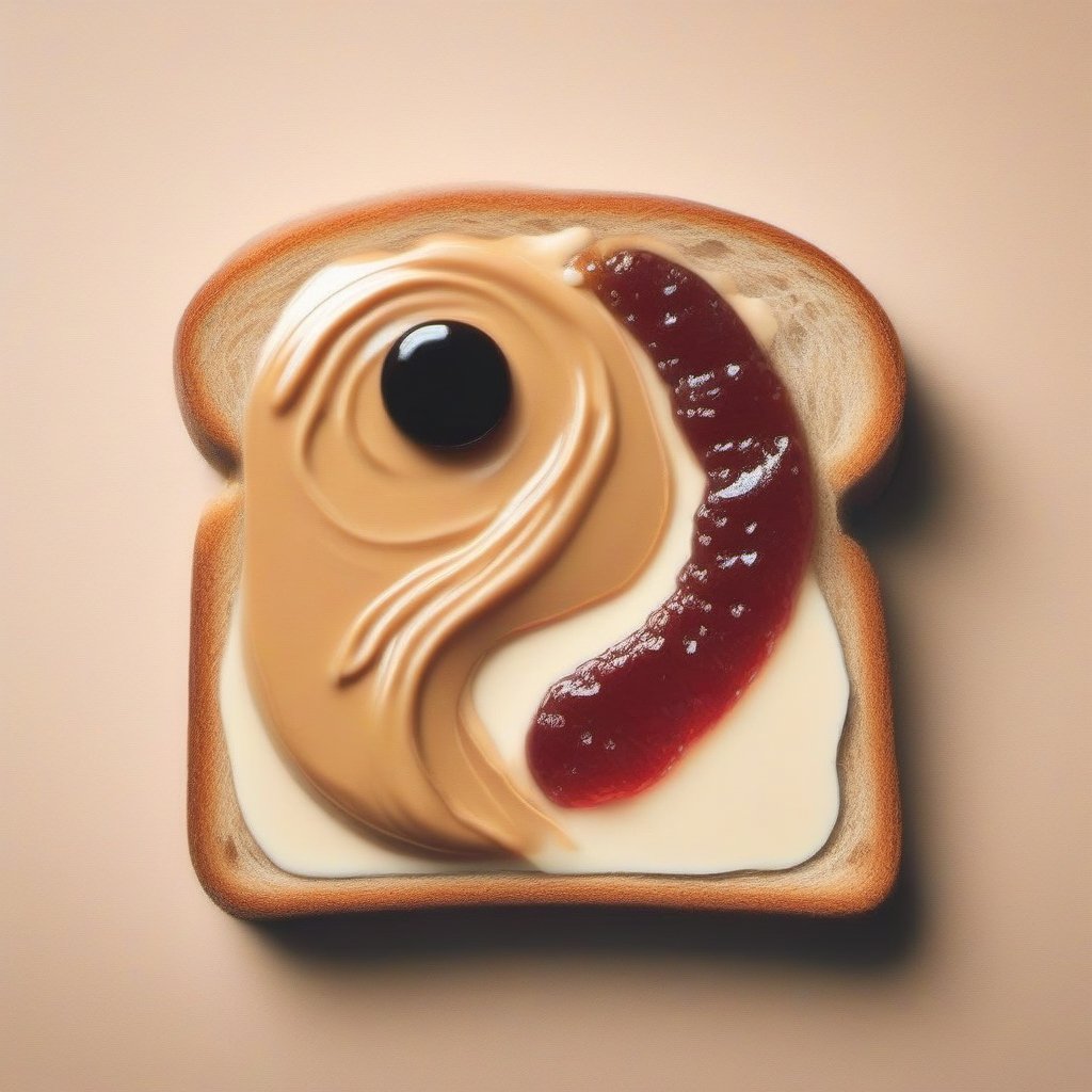 A piece of toast with Peanut butter and Jelly on top forming a Yin-Yang pattern