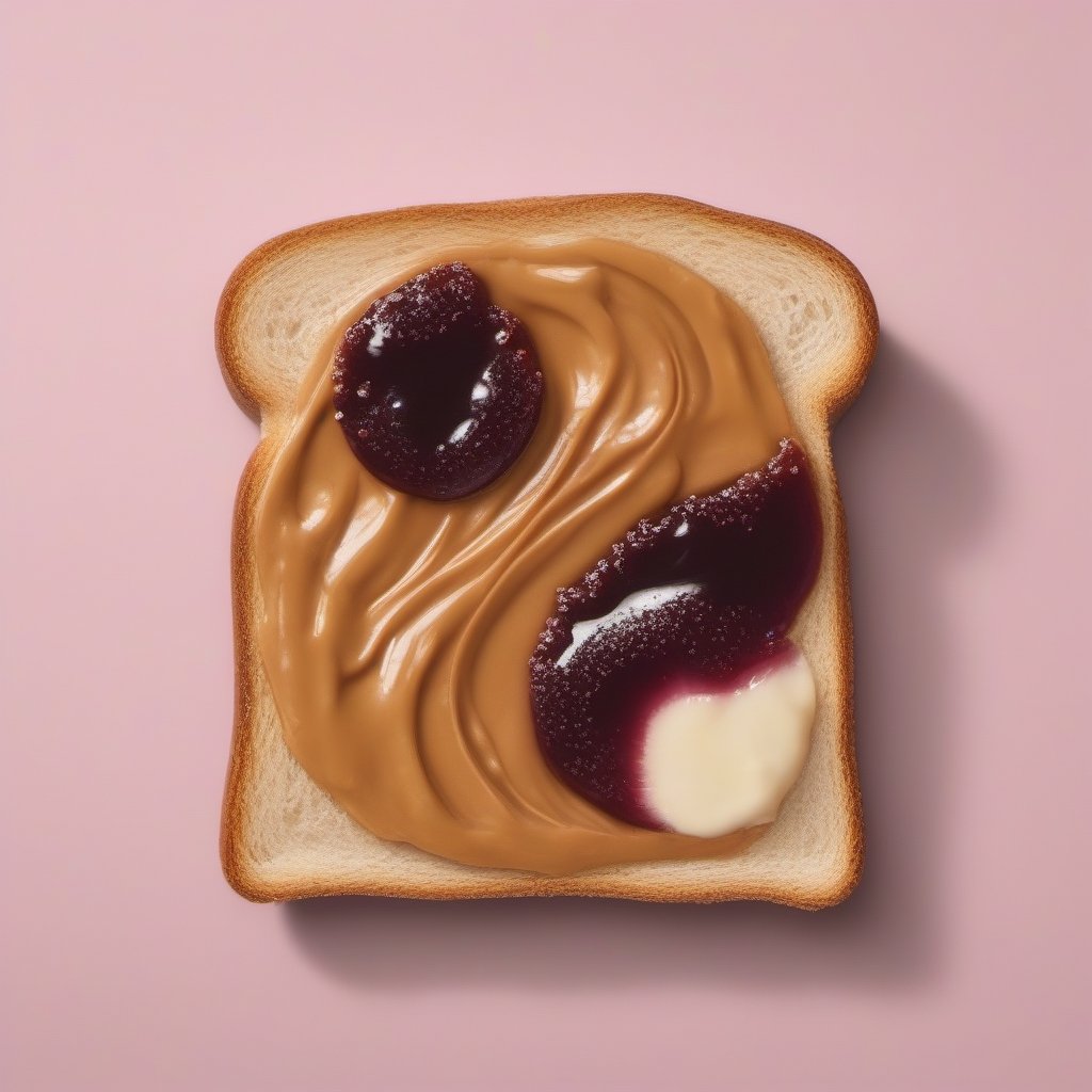 A piece of toast with Peanut butter and Jelly on top forming a Yin-Yang pattern