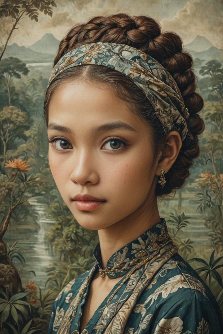 A Javanese Girl, wearing  batik, braid hairstyle, with nature background, this enchanting photo serves as a tribute to the artistry and enduring legacy of these three iconic Dutch painters, an art deco painting
