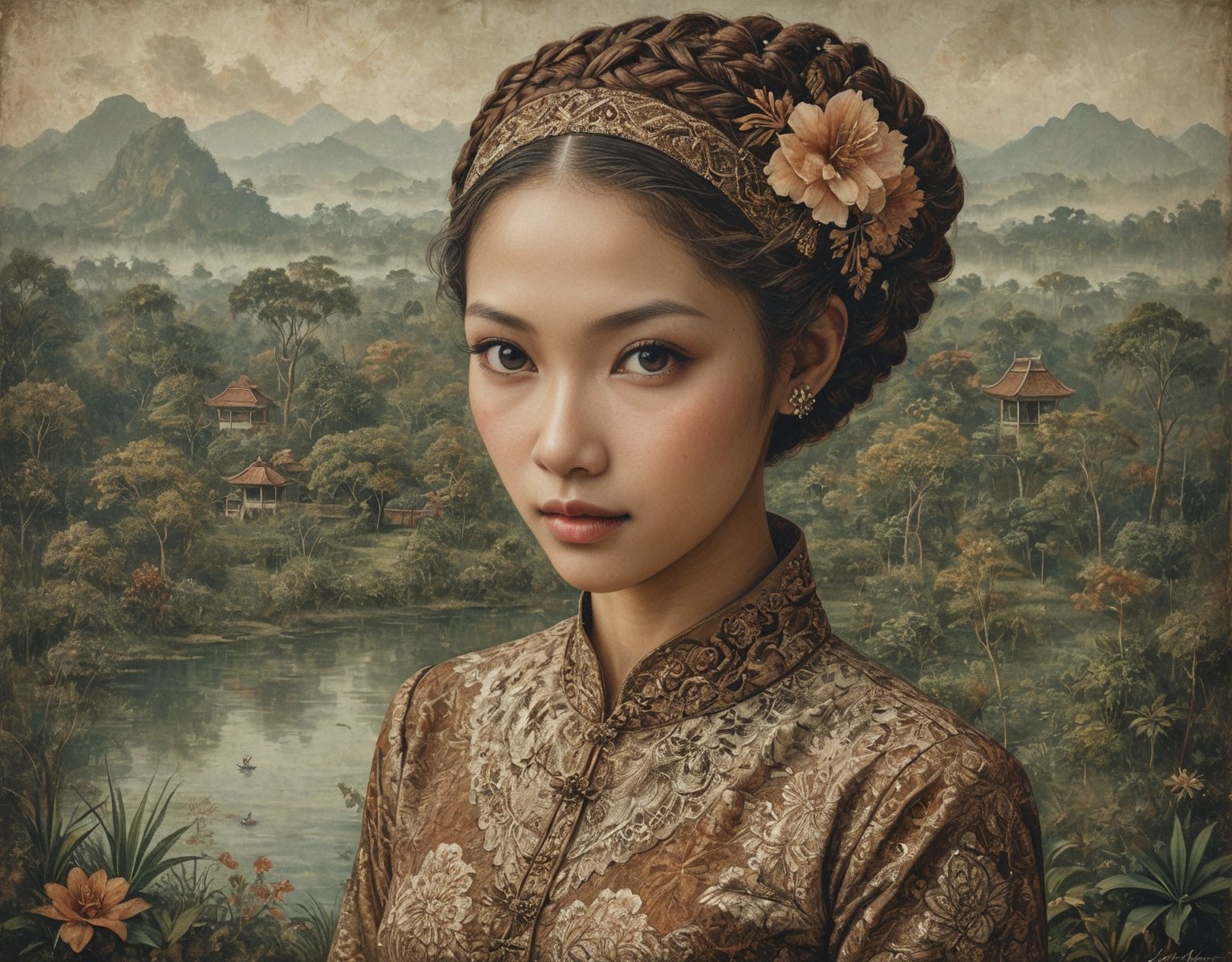 A Javanese women, 29 yo, wearing kebaya and batik, braid hairstyle, with nature background, this enchanting photo serves as a tribute to the artistry and enduring legacy of these three iconic Dutch painters, an art deco painting
