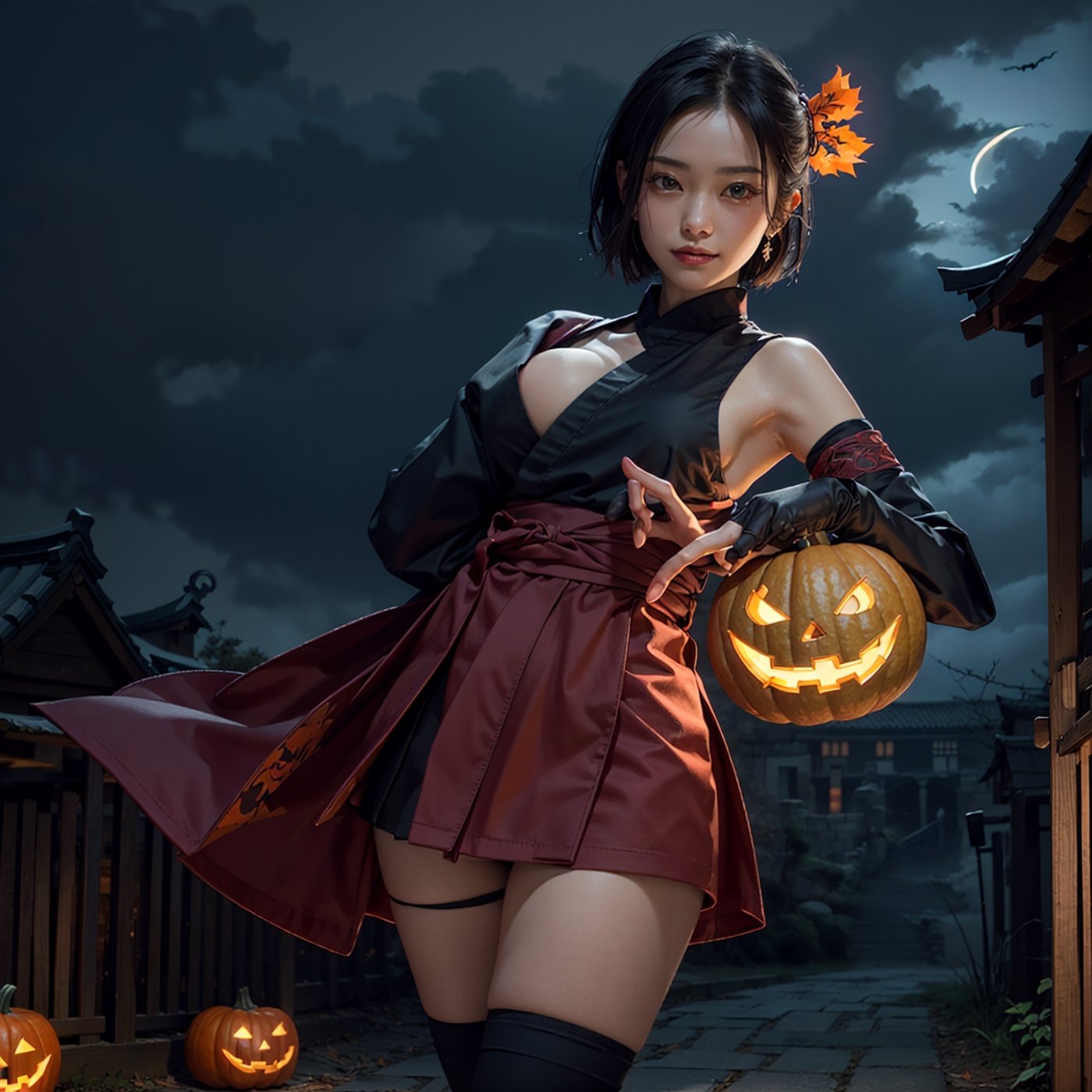 (best quality), (highly detailed), masterpiece, (official art),sumire kakei, creepy smile, short cute hair, ninja standby on Japanese castle, elbow gloves, bandages, black short skirt, show pussy,,Smoky makeup, upper body,small red wings on  back,looking at viewer, city, night, sky, (intricately detailed, hyperdetailed), blurry background,depth of field, best quality, masterpiece, intricate details, tonemapping, sharp focus,soft light on face, hyper detailed, trending on Artstation,1 girl, high res,red  ninja cloth, huge breast ,official art,halloween,pumpkin on ground,at night. full red moon,pumkin on everwhere.goast shadow flying,EpicArt,A Traditional Japanese Art,,1girl