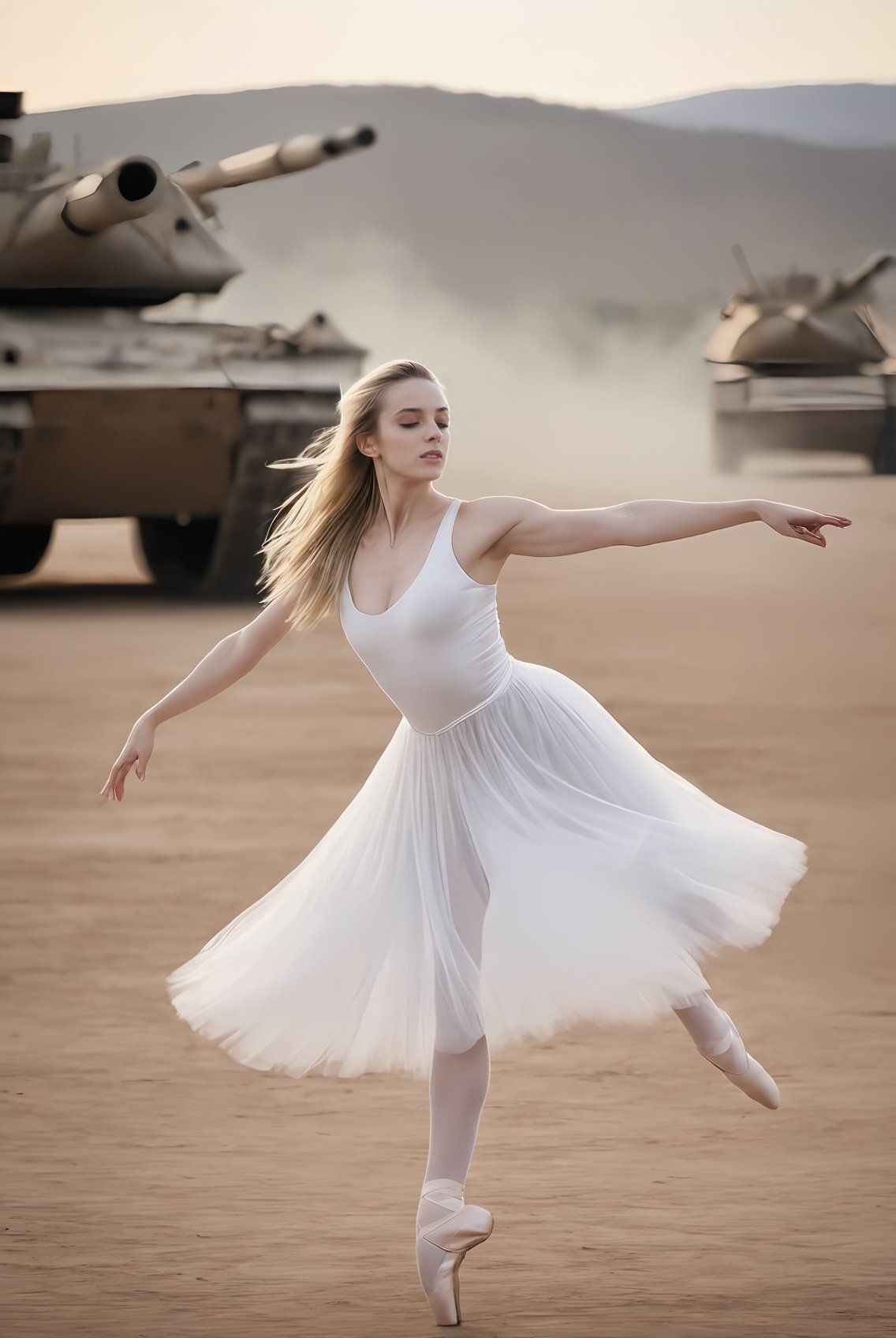 Masterpiece,realistic,burning sky desert ,A beautiful girl, long hair flying to,cascading blonde, ballet round of long leg in the air,  in front of fired blur tank ,(perfect+cute face:1.3),white+white+colorless skin, pencil leg,wearing shabby+torn+dirty+tattered commoner clothes,  RPG flying through,strong lighting, expose large breast, full_body.,wearing white broken ballet dress,Movie Still,Film Still