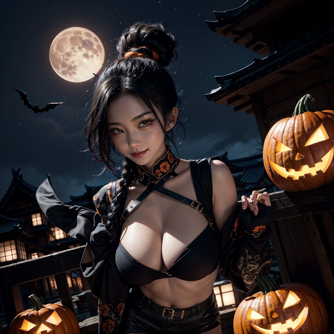 (best quality), (highly detailed), masterpiece, (official art),sumire kakei, creepy smile, short cute hair, ninja standby on Japanese castle, elbow gloves, bandages, black short pants,Smoky makeup, upper body,small black wing, looking at viewer, city, night, sky, (intricately detailed, hyperdetailed), blurry background,depth of field, best quality, masterpiece, intricate details, tonemapping, sharp focus,soft light on face, hyper detailed, trending on Artstation,1 girl, high res,red  ninja cloth, huge breast ,official art,halloween,pumpkin on ground,at night. full red moon,pumkin on everwhere.goast shadow flying,EpicArt,A Traditional Japanese Art