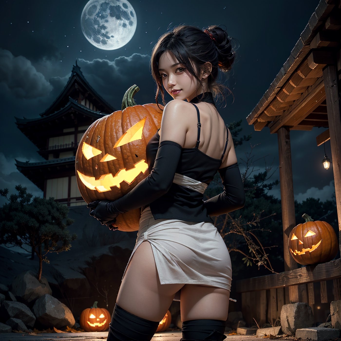 (best quality), (highly detailed), masterpiece, (official art),sumire kakei, creepy smile, short cute hair, ninja standby on Japanese castle, elbow gloves, bandages, black short skirt, show pussy,,Smoky makeup, upper body,small red wings spread from back,looking at viewer, city, night, sky, (intricately detailed, hyperdetailed), blurry background,depth of field, best quality, masterpiece, intricate details, tonemapping, sharp focus,soft light on face, hyper detailed, trending on Artstation,1 girl, high res,red  ninja cloth, huge breast ,official art,halloween,pumpkin on ground,at night. full red moon,pumkin on everwhere.goast shadow flying,EpicArt,A Traditional Japanese Art,,1girl