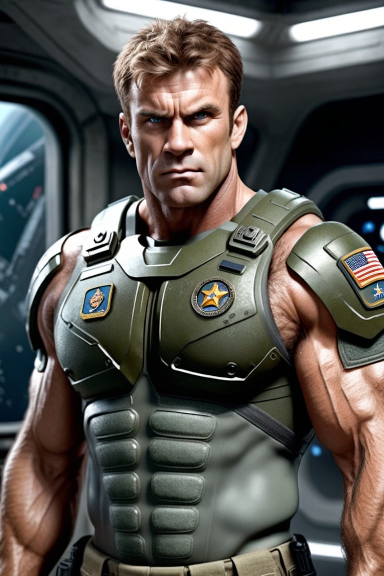 photorealistic,masterpiece,high quality,one hairy muscular man standing in a military sci-fi uniform. Short hair.photorealistic,hairy,portrait,close up,face,