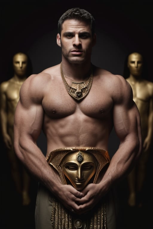 masterpiece,high definition,ultra realistic,browder,((((one young hairy muscular man)))).portrait,(((hieroglyphs))),the man is sitting on a throne inside an old egyptian temple, gold furniture,(((art deco))),(man is wearing a roman tunic),(((man is wearing a gold egyptian mask))),(((mask  is decorated with rubies))),