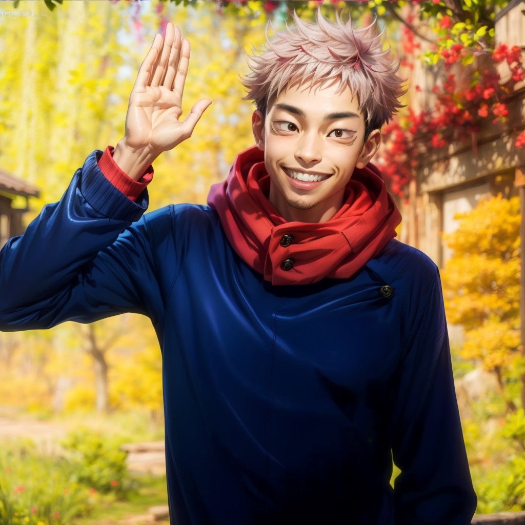 hyper-realistic photo of itadori Yuji, smiling, outdoors, Japanese neighborhood on a sunny day, with one hand in a pocket, one hand waving, porcelain skin, detailed eyes, medium body shot,

{{best quality}}, {{masterpiece}}, {{realistic}}, Realism, 3d,

Color magic, High detailed , Saturated colors, Color saturation,

n4rut0,itadori yuji