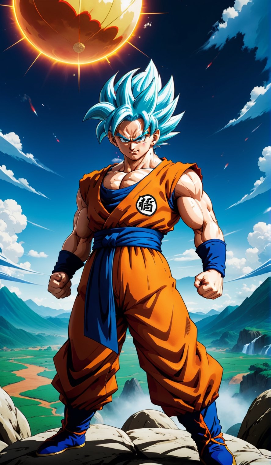 ((Cover art in 4K resolution, Dragon Ball-inspired style, with sharp details, vibrant colors and rich textures.)) | The central scene features the main Dragon Ball characters in dynamic poses and prepared for battle: Goku in his Super Saiyan 3 form, Vegeta as Super Saiyan 2, Gohan in his definitive form and Piccolo with the mantle of Earth God. They are standing on a rocky landscape, with clouds of Ki rising from the ground and forming a dramatic backdrop. In the background, a huge Genkidama lights up the sky, symbolizing the intensity of the epic battles in the game. | Around the main characters, small vignettes show other important characters from the Dragon Ball universe, such as Trunks, Goten, Frieza, Cell and Majin Buu. | Composition in dynamic perspective, with a low camera angle that highlights the majesty of the characters and the vastness of the scenery. | Dramatic lighting effects, shading and speed lines, highlighting the emotional nuances and battle atmosphere of the scene. | The thrilling cover of Dragon Ball Tenkaichi 3, bringing the anime's definitive battles to the player's screen. | ((perfect_composition, perfect_design, perfect_layout, perfect_detail, ultra_detailed)), More Detail, Enhance All