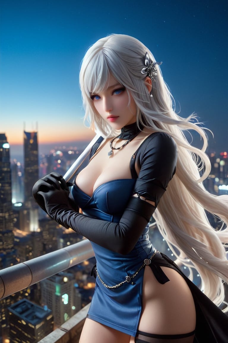 cowboy shot. a2_ (nier:automata\), 1girl, gloves, white_hair, long_hair, elbow_gloves, black_gloves, blue_eyes, yoga dress, thighhighs, A 17-years-old ethereal and breathtakingly glamorous korean idol, mesmerizing beautiful face, perfect busty model body. on top of a skyscraper in the night, city view, porcelain skin tone, ultra realistic, raw photo, fiji velvia, award-winning photo, masterpiece, best quality, high resolution, 8k uhd, perfect hand, beauty & aesthetic, concept art style, sunset lighting, photo_b00ster,Dragon